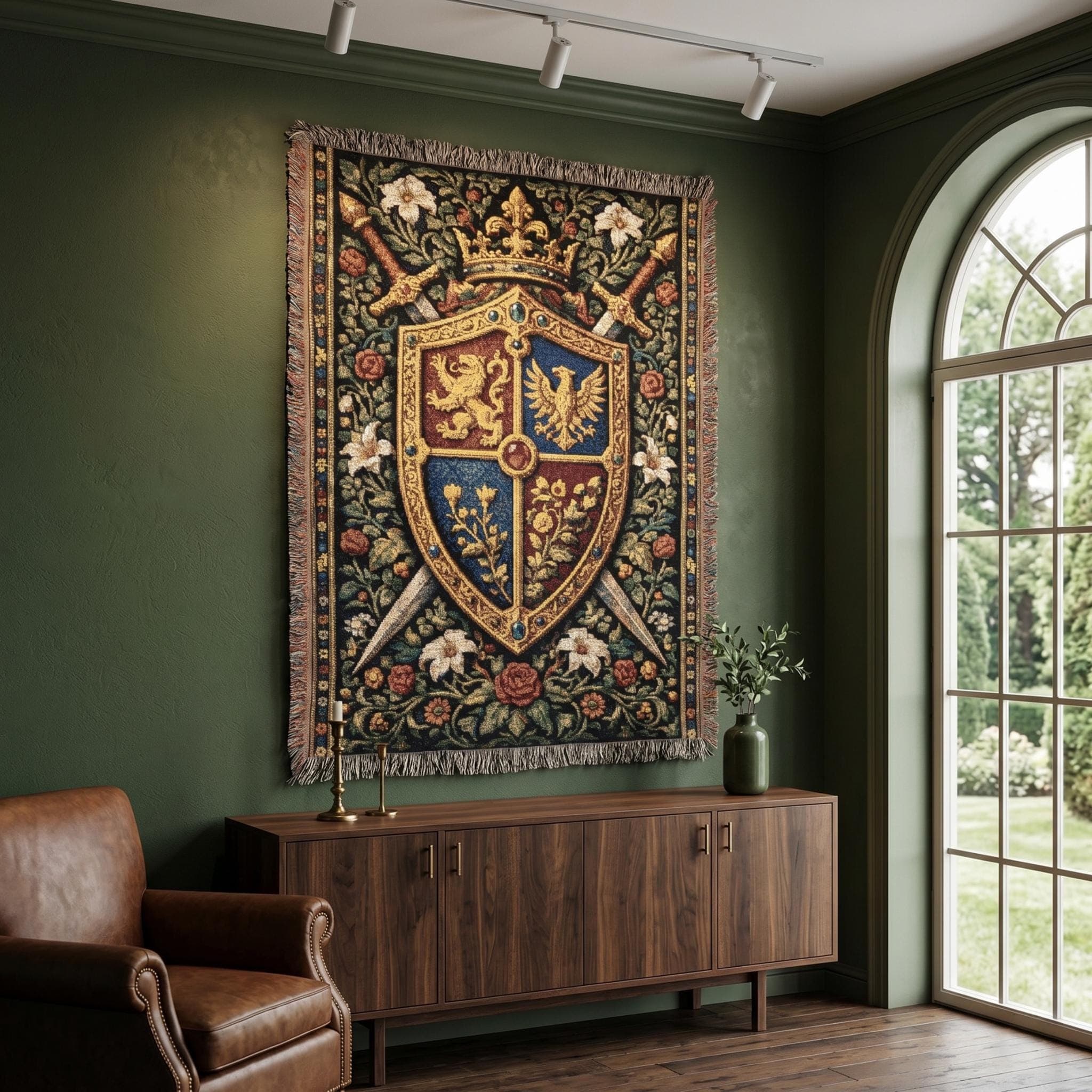 Woven tapestry wall hanging featuring a medieval heraldic shield with jeweled crown, crossed swords, gold trim, and richly detailed floral background in deep black, red, blue, and ivory tones. Gothic wall art with royal crest imagery, castle inspired symbolism, and vintage woven texture, ideal as a large wall tapestry, woven throw blanket, statement decor for a bedroom, study, game room, or library, and a unique gift for medieval decor lovers, fantasy fans, and dark academia collectors.