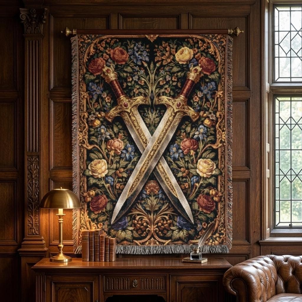Crossed Sword Tapestry Wall Hanging Gothic Floral Medieval Wall Cabin Decor Woven Throw Blanket Dark Academia Decor Antique Wall Art Gift