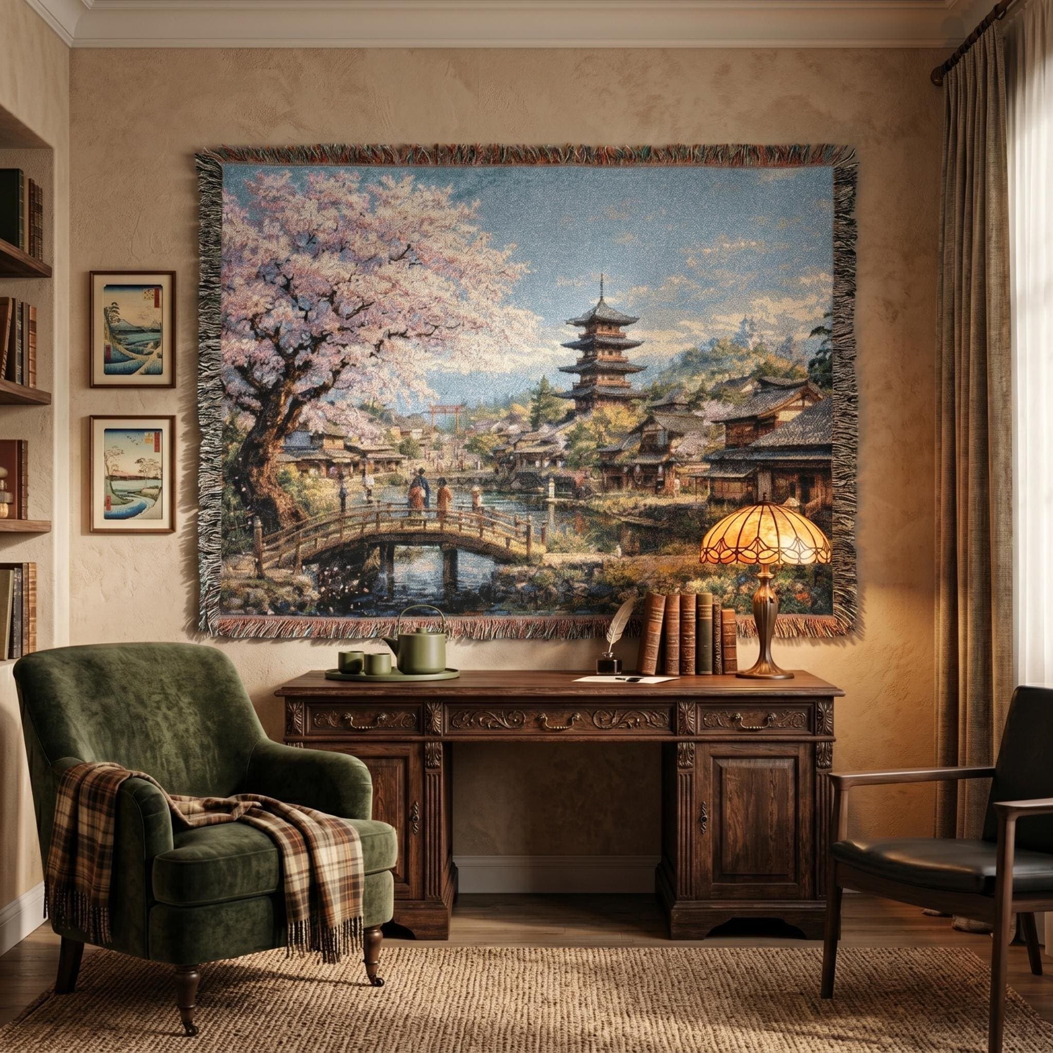 Cherry Blossom Tapestry Wall Hanging Japanese Village Wall Art Sakura Bridge Decor Pagoda Scene Woven Throw Blanket Spring Zen Room Decor