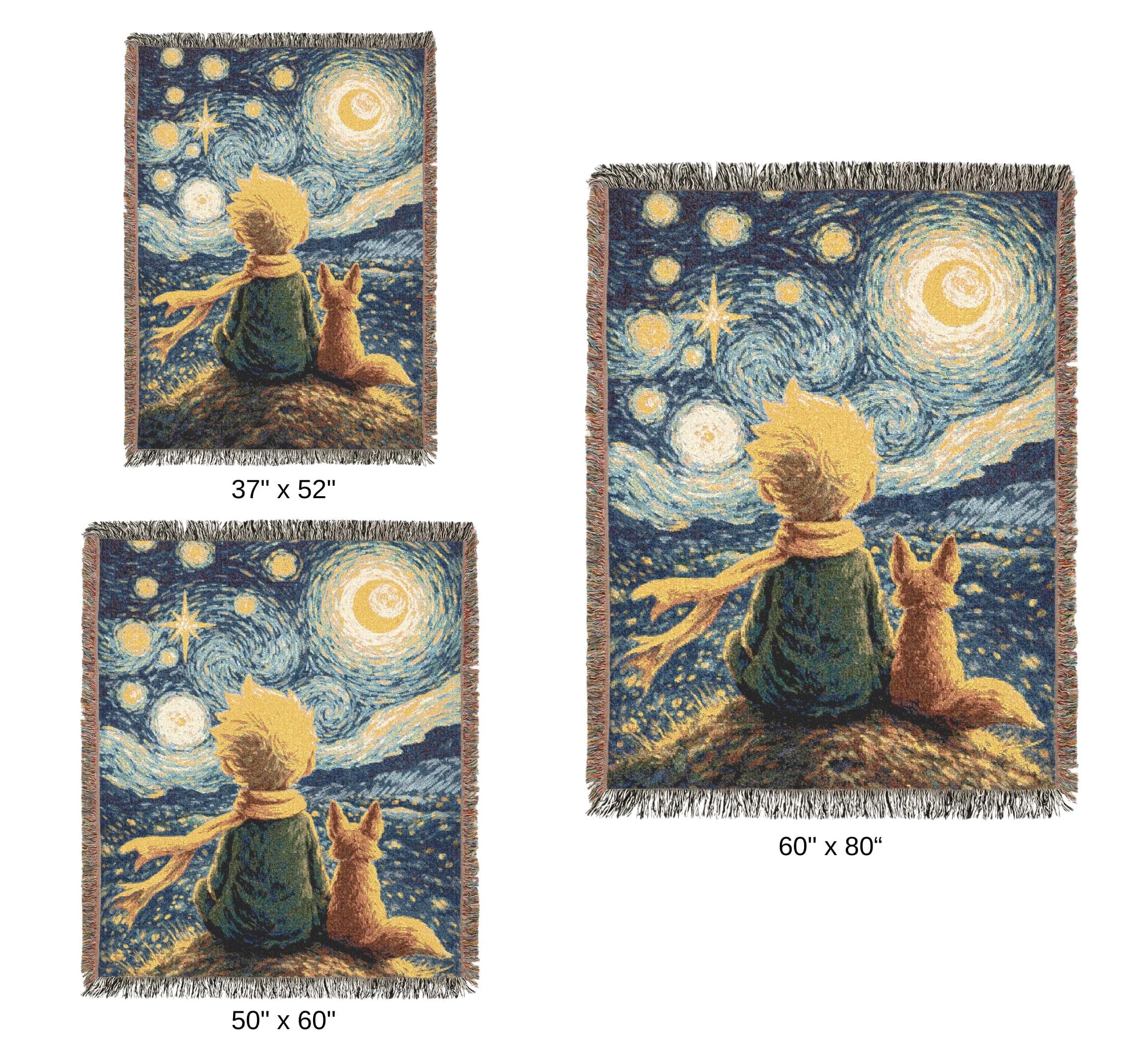 Woven tapestry wall hanging featuring a whimsical boy and fox sitting together under a glowing starry night sky with swirling celestial clouds, moon, stars, and deep blue painterly texture. Storybook inspired wall decor with warm golden highlights and fringe edges, perfect for bedroom, nursery, dorm, reading nook, or cozy living room styling. Also works as a woven throw blanket. Great gift for fox lovers, stargazers, whimsical decor fans, and celestial room decor collectors.