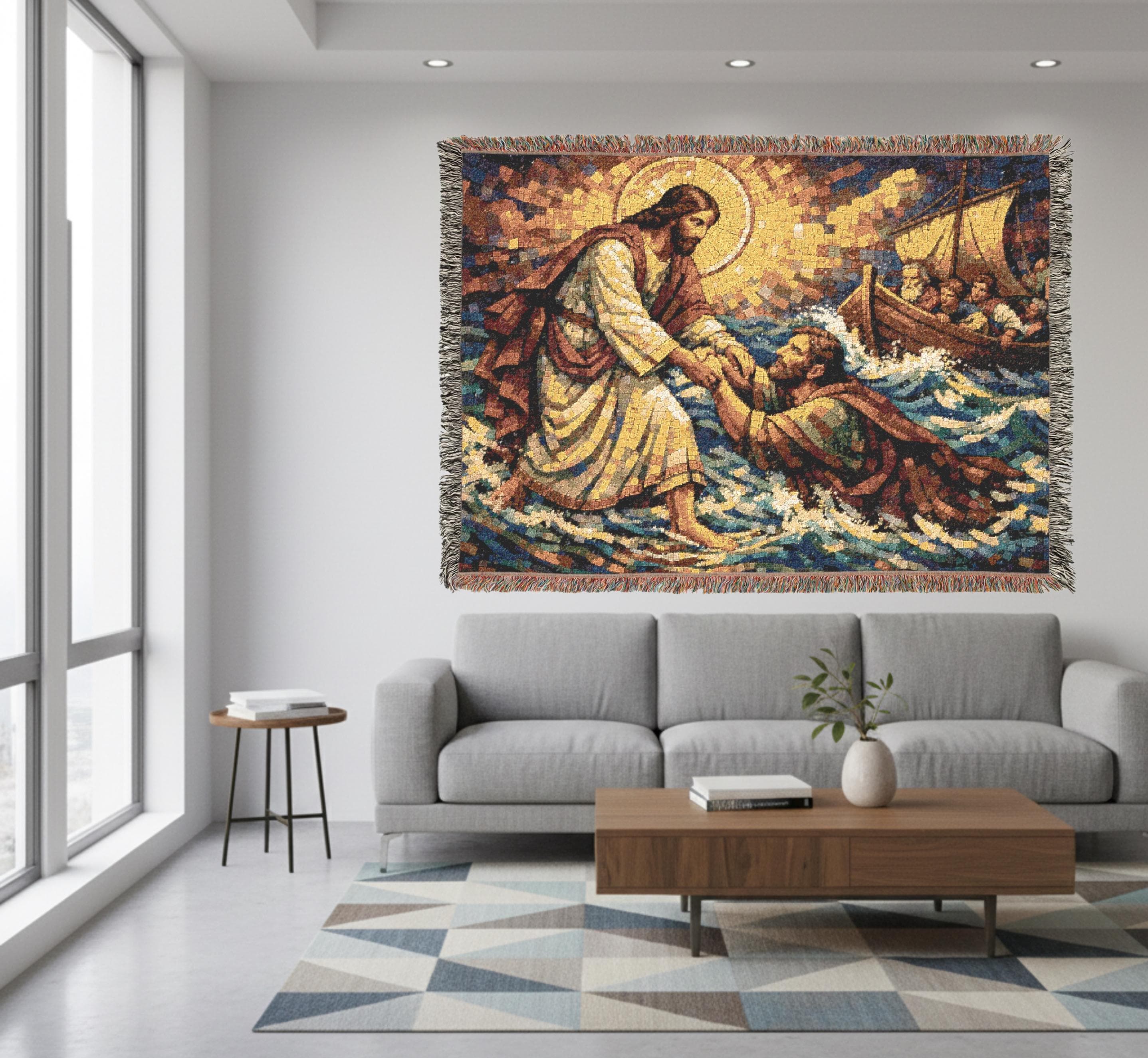 Woven tapestry blanket featuring Jesus walking on water, reaching to lift a disciple from the waves, with a boat of apostles behind and a radiant golden halo in a vintage mosaic look. Ocean blues, foaming water, and warm gold tones create classic sacred art style. Use as tapestry wall art or woven wall hanging with fringed edges for Christian or Catholic decor in a prayer corner, entryway, bedroom, or church, and a meaningful religious gift for baptism, confirmation, Easter, or house blessing.