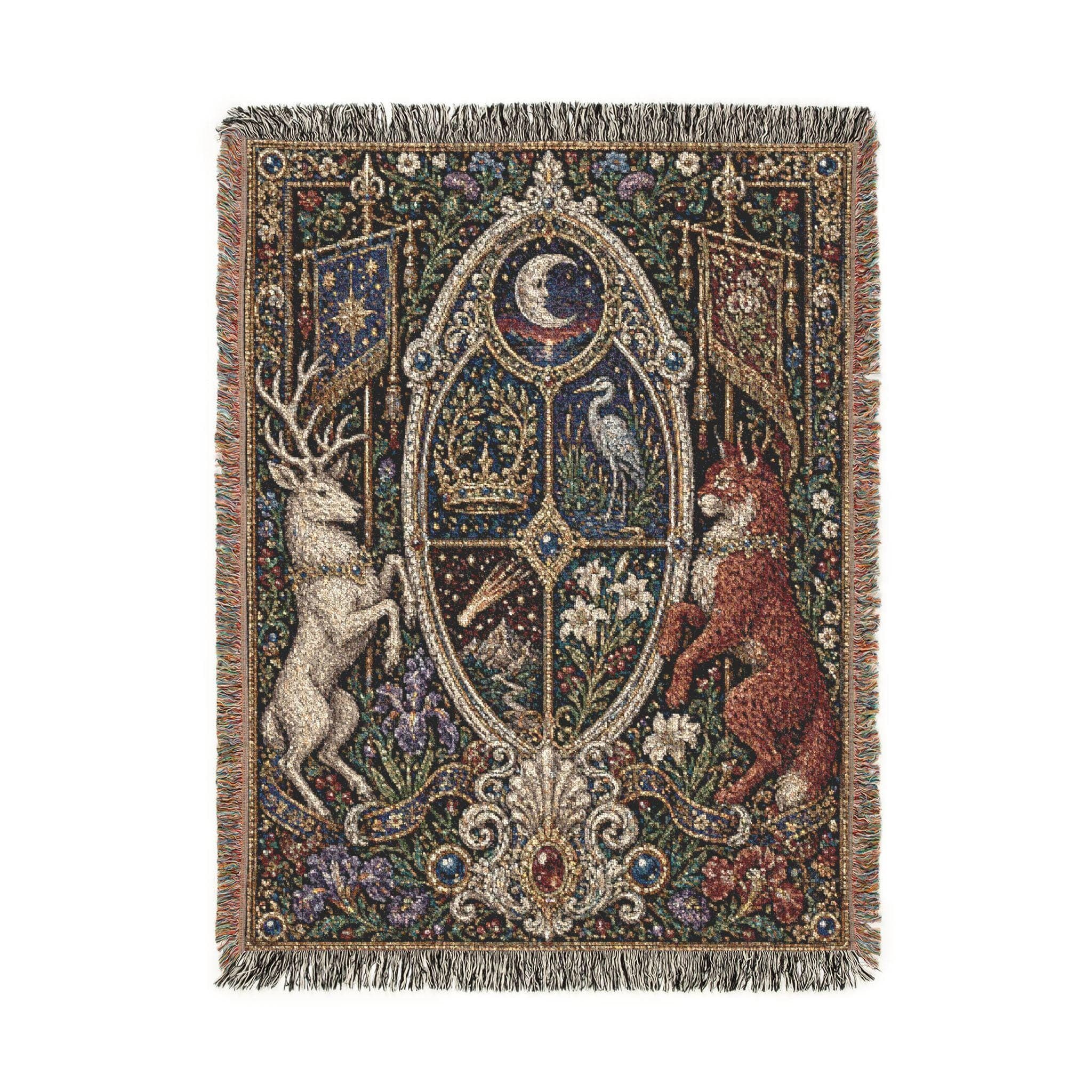 Woven tapestry wall hanging featuring an ornate heraldic crest with moonlit banners, gothic arches, floral borders, jeweled details, and richly layered medieval ornament in deep blue, ivory, crimson, and gold tones. Regal wall art with castlecore charm, dark academia mood, and romantic old world styling, ideal as a large wall tapestry, decorative throw blanket, bedroom accent, library decor, and statement piece for lovers of gothic interiors, fantasy decor, and medieval inspired home art.