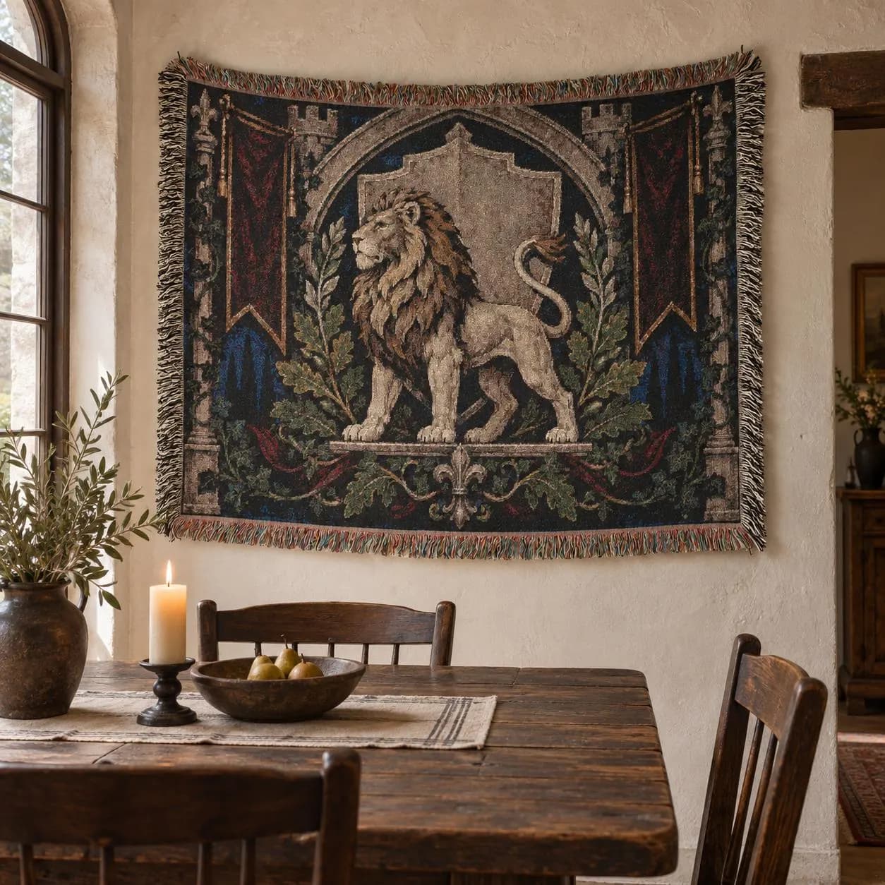 Medieval Lion Tapestry Wall Hanging Heraldic Crest Wall Art Woven Throw Blanket Gothic Castle Decor