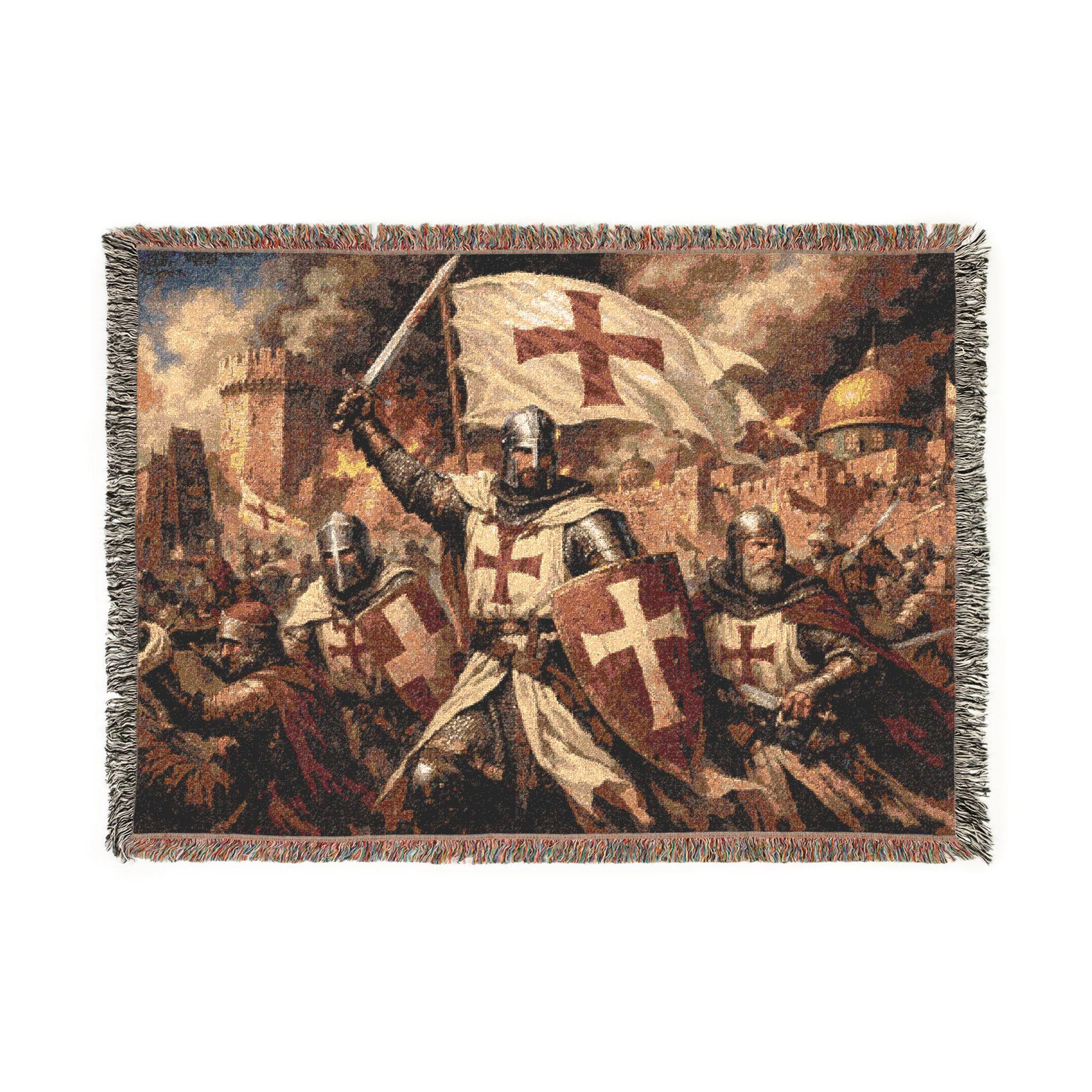 Woven tapestry wall hanging featuring Crusader knights in armor raising cross marked shields and banner during a dramatic medieval battle, with Jerusalem style stone walls, a golden domed city, smoke, swords, and historic Christian warrior imagery. Vintage religious wall art with Templar inspired detail and bold old world atmosphere, ideal as a large wall tapestry, woven throw blanket, medieval decor accent, and gift for history lovers, knight collectors, and Christian art fans.