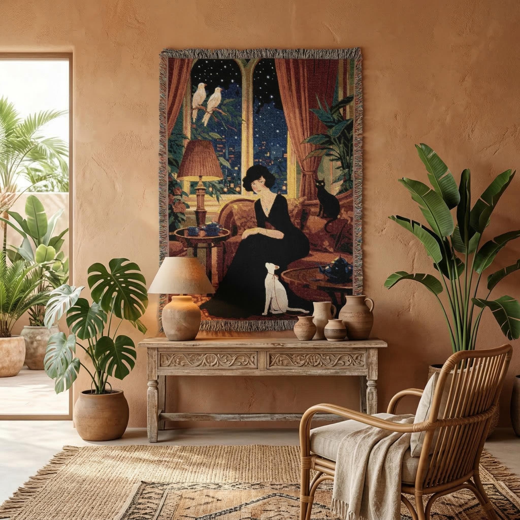Woven tapestry wall hanging featuring an elegant vintage woman in a black dress seated in a moody apartment at night, with a black cat on the sofa, a white dog at her feet, birds by the window, glowing lamp light, tea table, and a starry city view beyond tall curtains. Rich woven texture and fringe give it a timeless old money and dark academia feel. Perfect for bedroom, living room, reading nook, or as a woven throw blanket. Ideal for cat lovers, vintage decor fans, and Paris style interiors