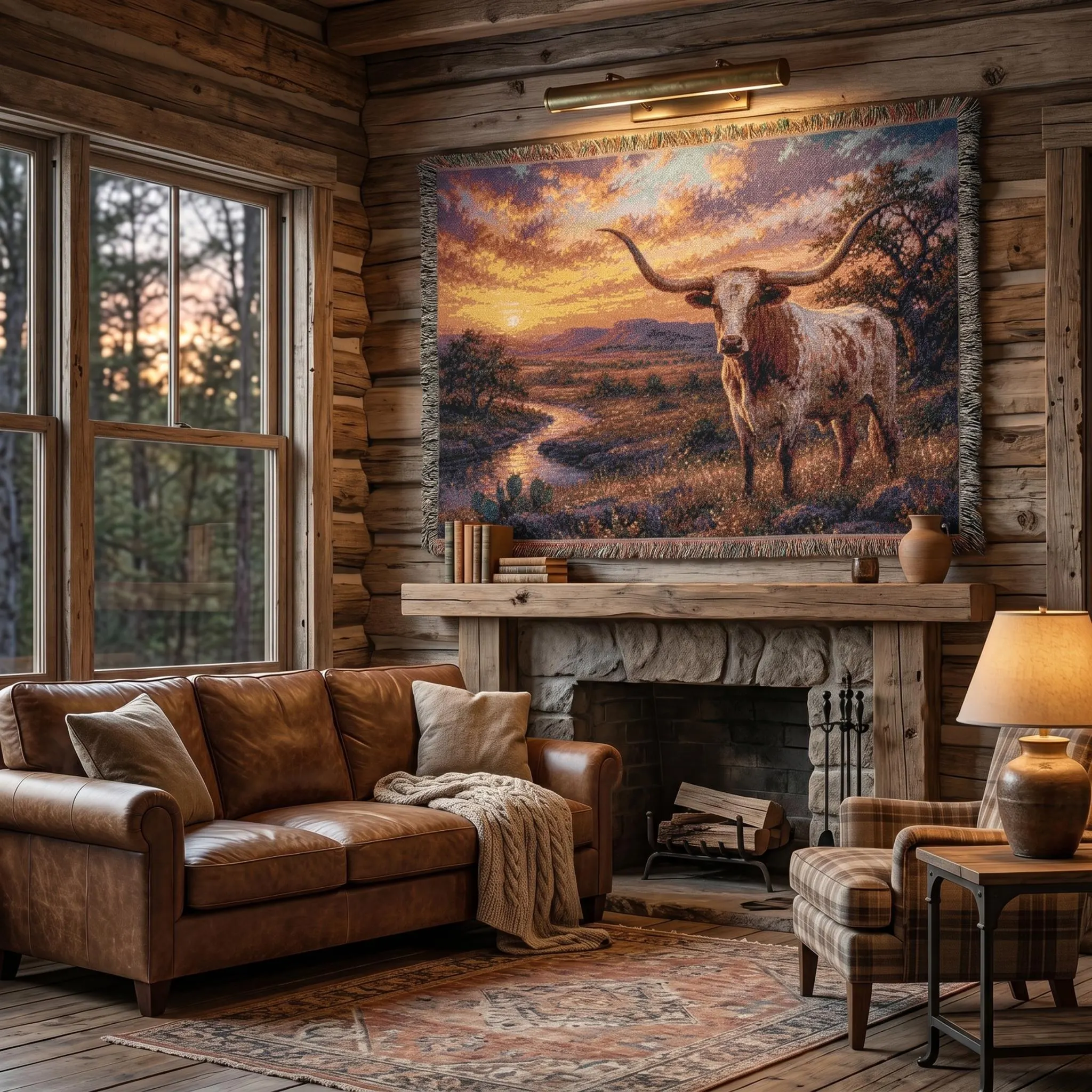 Woven tapestry wall hanging featuring a Texas longhorn standing in a western desert landscape at sunset, with sweeping horns, glowing sky, winding creek, cactus, and rustic open range scenery. Southwestern wall art with ranch decor charm, country texture, and warm golden light, ideal as a large wall tapestry, woven throw blanket, western home decor accent, rustic living room art, entryway decor, bedroom wall decor, and gift for longhorn lovers, ranch style collectors, and cowboy decor fans.