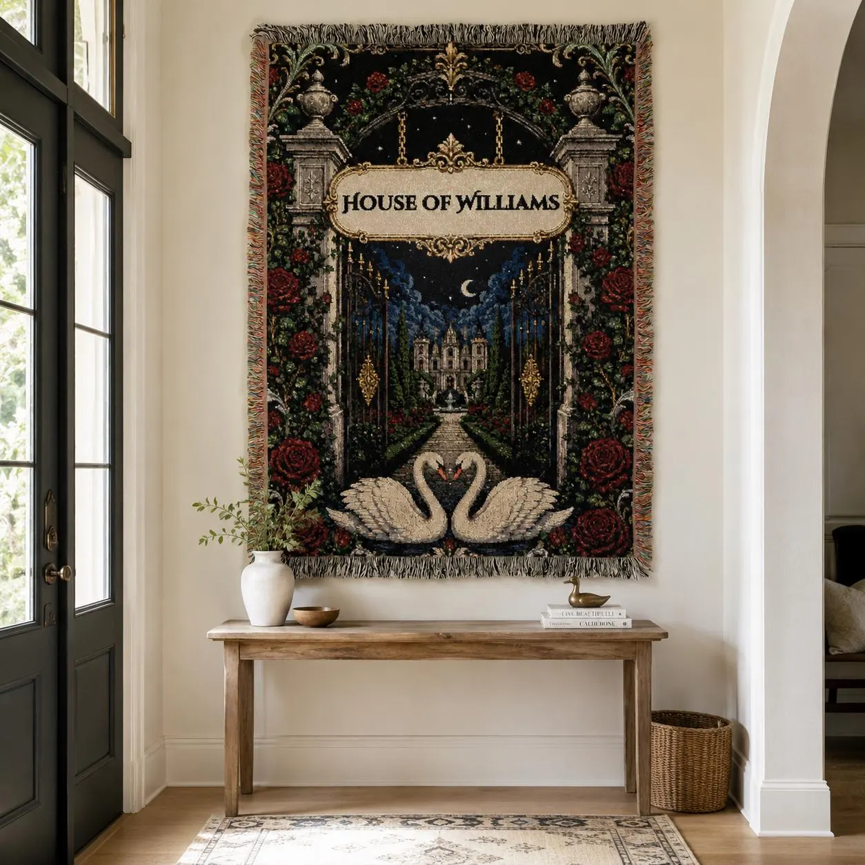 Personalized Family Name Tapestry Wall Hanging Manor Gate Swan Wall Art Woven Throw Blanket Wedding Housewarming Gift Chateau Estate Decor