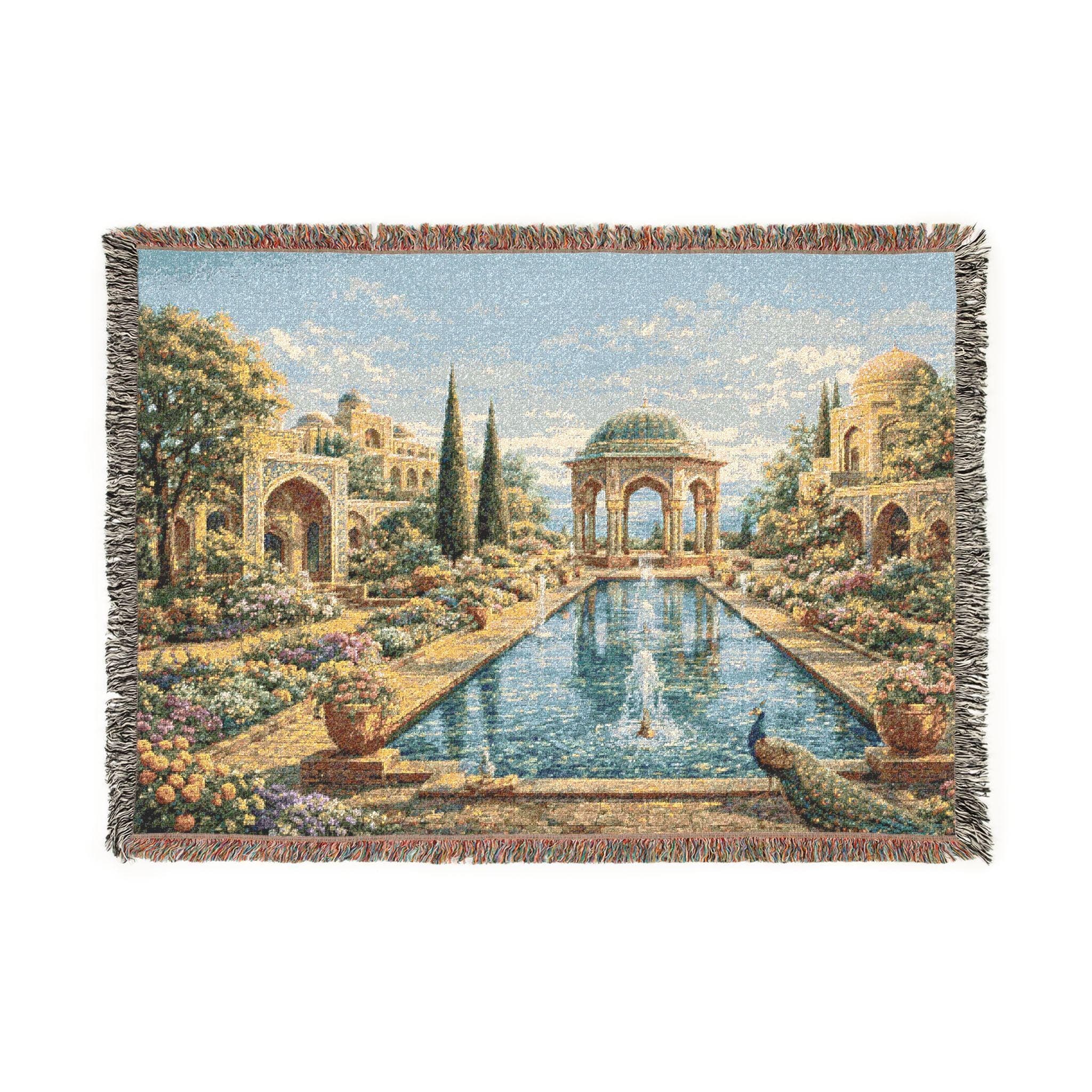 Woven tapestry wall hanging featuring a romantic Persian garden courtyard with elegant domed pavilions, ornate Islamic arches, blooming flower beds, tall cypress trees, a long reflecting pool, and a graceful peacock resting near the fountain. Vintage oriental landscape textile with soft blue sky and palace garden scenery, ideal for Persian decor, Middle Eastern home decor, peacock wall art, floral landscape wall decor, elegant room styling, and timeless scenic tapestry lovers.