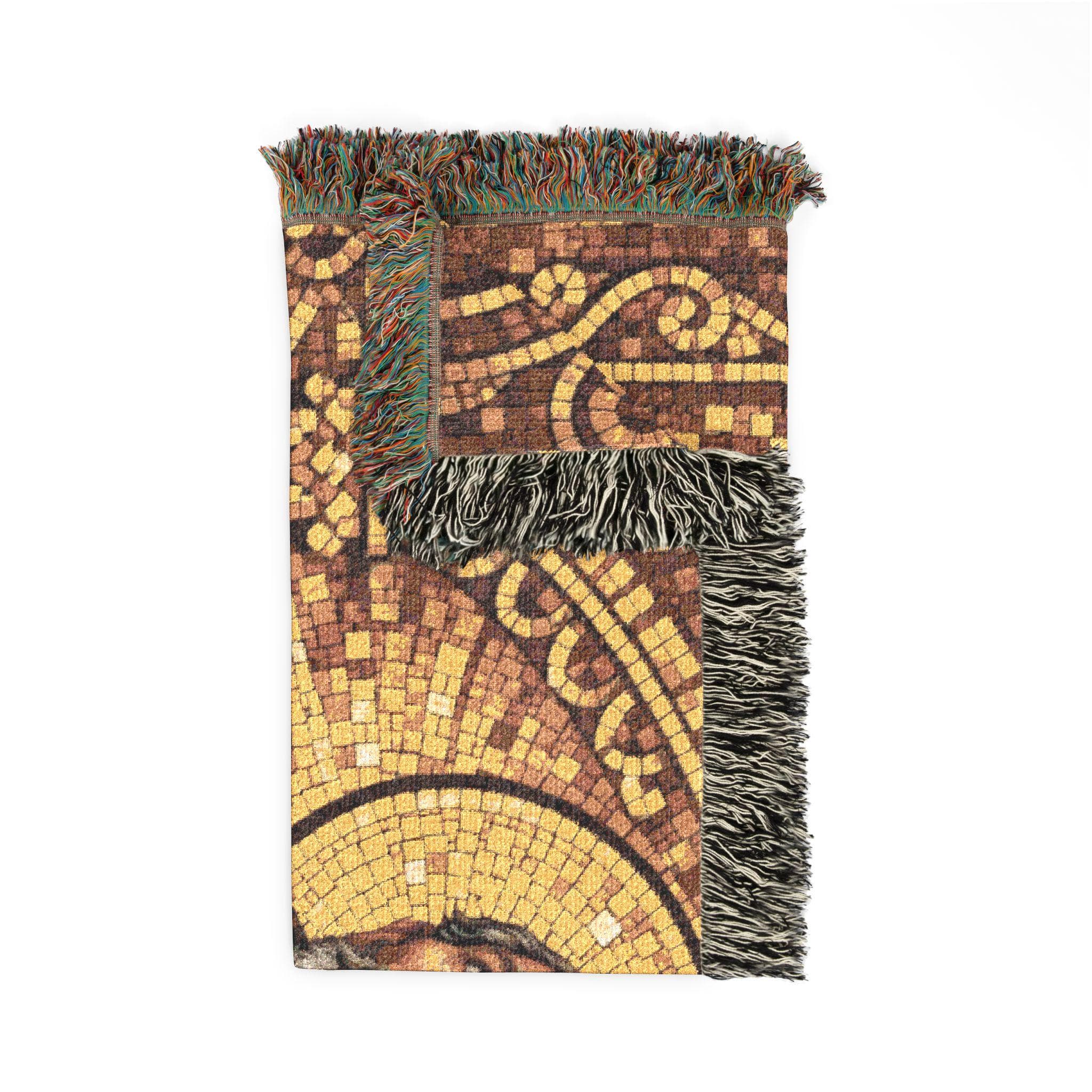 Religious woven tapestry blanket featuring a vintage mosaic-style saint with a golden halo, holding a wooden cross, framed by ornate arches in warm gold and brown tones. Fringed woven throw that works as tapestry wall art, Catholic wall decor, Christian wall hanging, prayer room or church decor. Medieval inspired textile, classic wall tapestry, sacred art blanket, cozy statement decor for bedroom or living room. Meaningful gift for Catholic friends, confirmation, baptism, or house blessing.