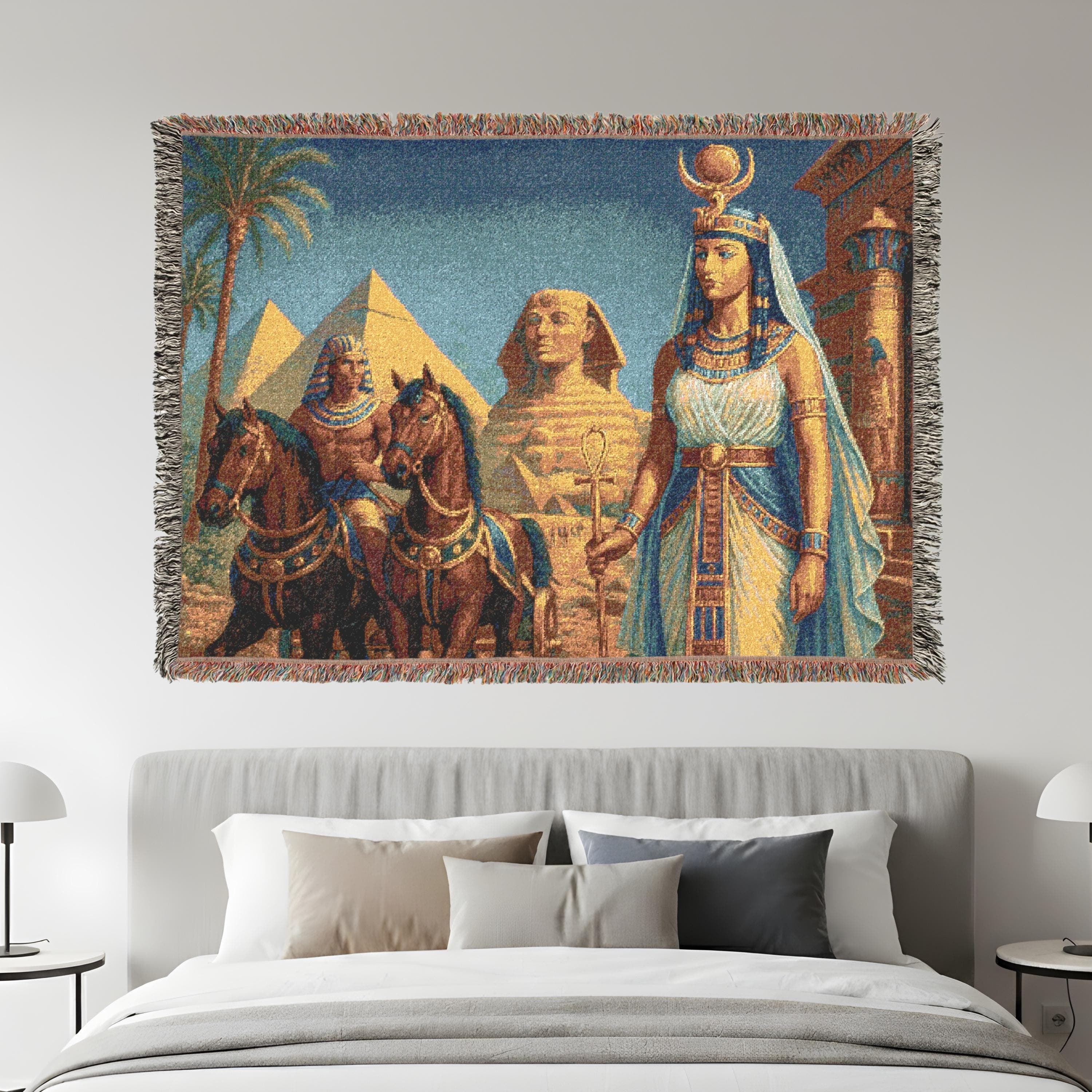 Woven tapestry wall hanging featuring an Egyptian queen standing beside the pyramids and sphinx, surrounded by desert tones and royal symbols. This woven tapestry blanket serves as a wall hanging, bed blanket, sofa throw, or rug alternative, adding luxurious Egyptian decor to your home. Perfect for lovers of ancient civilization art, historical wall tapestry, and vintage woven textiles, it also makes a thoughtful housewarming or cultural art gift for history enthusiasts.