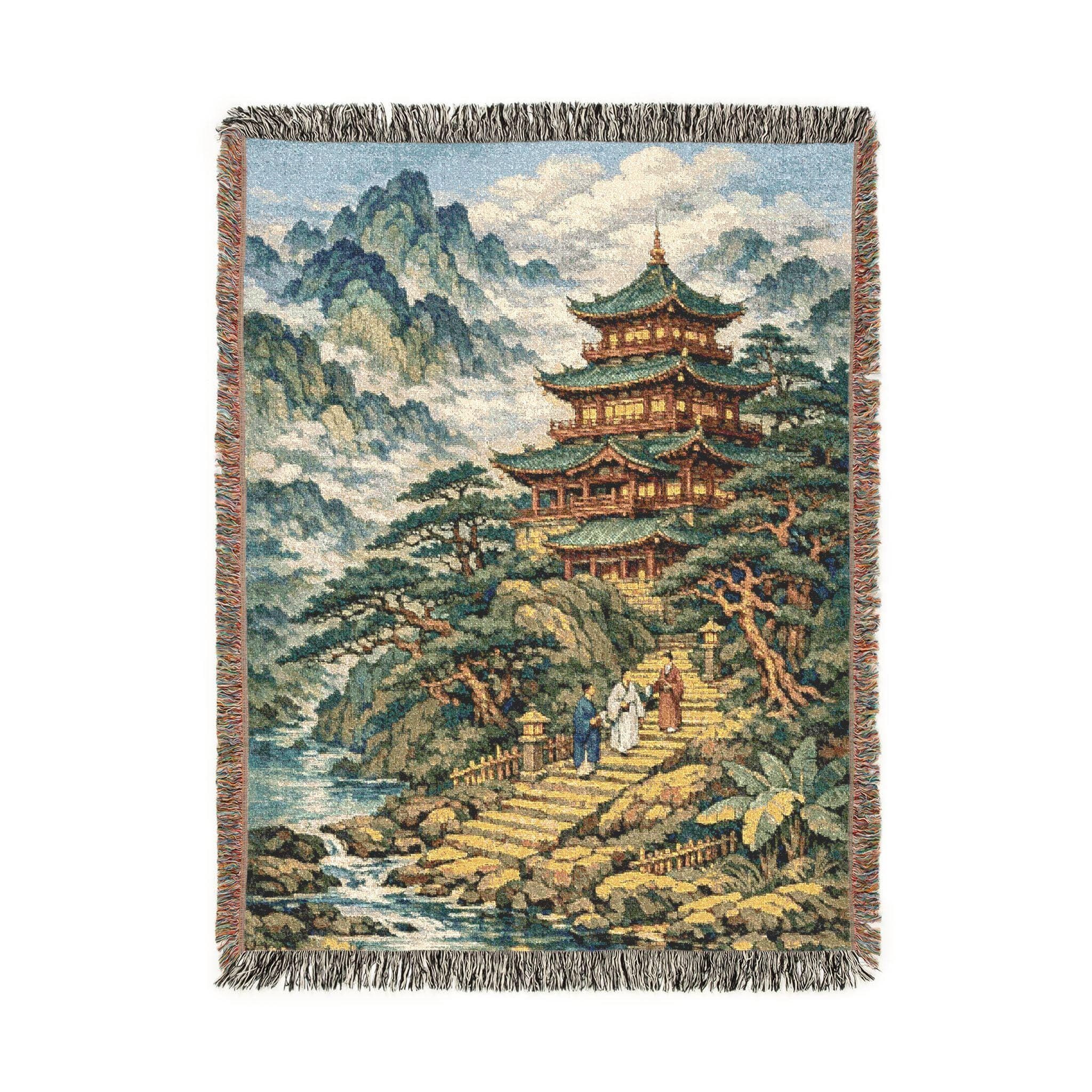 Woven tapestry wall hanging with a serene Chinese style landscape: a tiered pagoda temple on a misty mountain cliff, pine trees, stone steps with travelers, and a quiet river below in jade greens and warm gold tones. Vintage chinoiserie mood with a richly textured woven look. Works as a statement wall hanging, woven tapestry blanket throw, or scenic wall art for a zen bedroom, meditation corner, tea room, or calm office. Gift for Asian decor lovers, nature hikers, and calm home aesthetic fans.