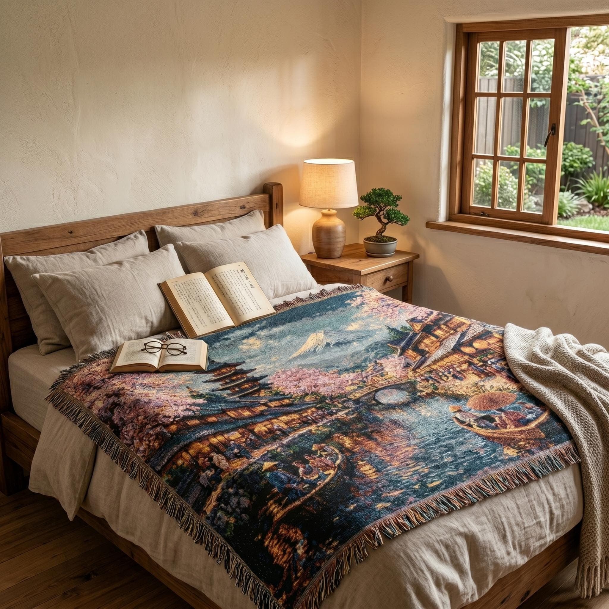 Woven tapestry wall hanging featuring a romantic Japanese canal village with glowing traditional houses, blooming cherry blossom trees, small wooden boats, a pagoda, an arched stone bridge, and Mount Fuji in the distance beneath a soft evening sky. Scenic sakura wall art with warm water reflections and timeless travel charm, ideal as a large wall tapestry, woven throw blanket, Japanese home decor, peaceful room accent, and gift for cherry blossom lovers and landscape art collectors.