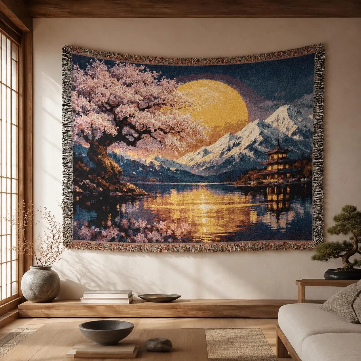 Japanese Sakura Lake Tapestry Wall Hanging Mount Fuji Sunset Wall Art Large Wall Tapestry Woven Throw Blanket Cherry Blossom Decor