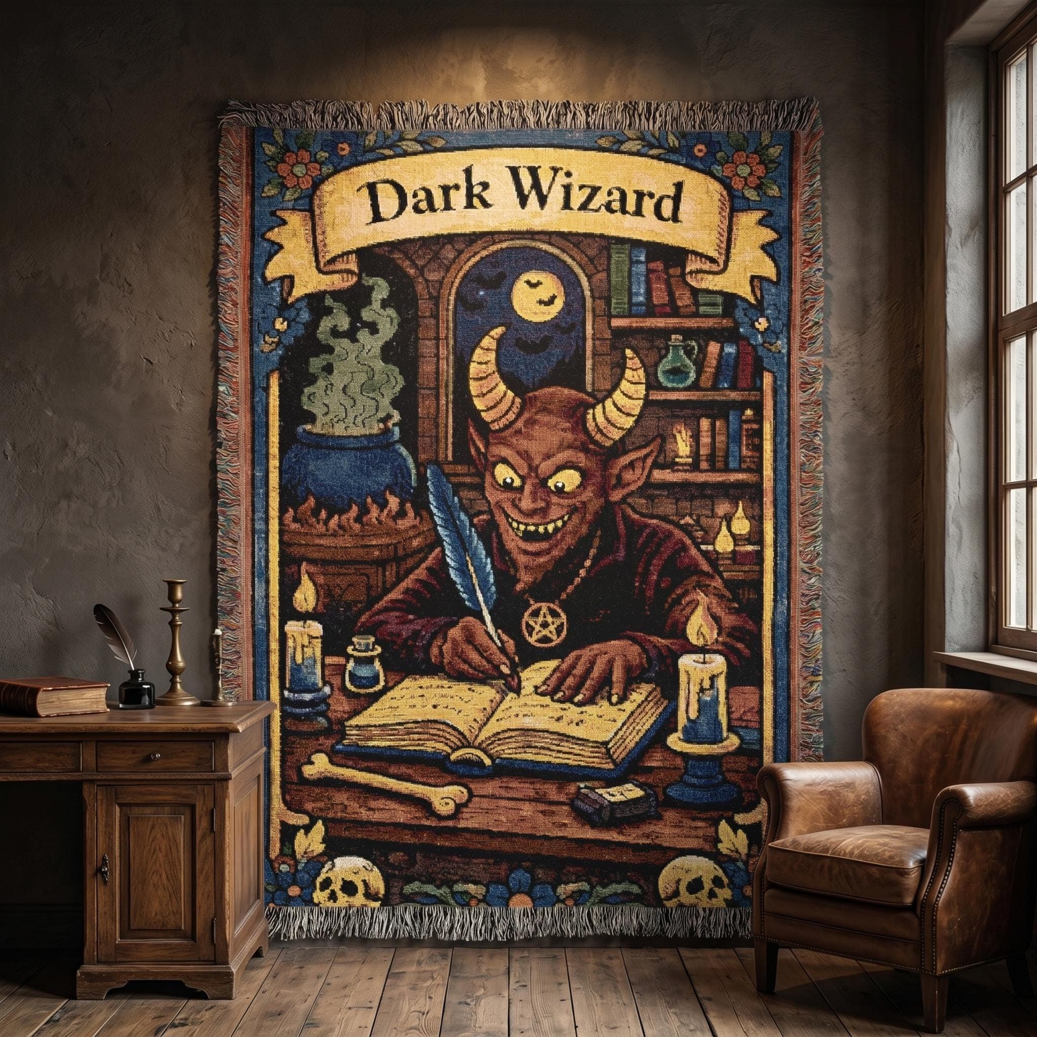 Dark Wizard Tapestry Wall Hanging Gothic Fantasy Wall Art Witchy Decor Spell Book Scene Woven Throw Blanket Dark Academia Gaming Room Decor