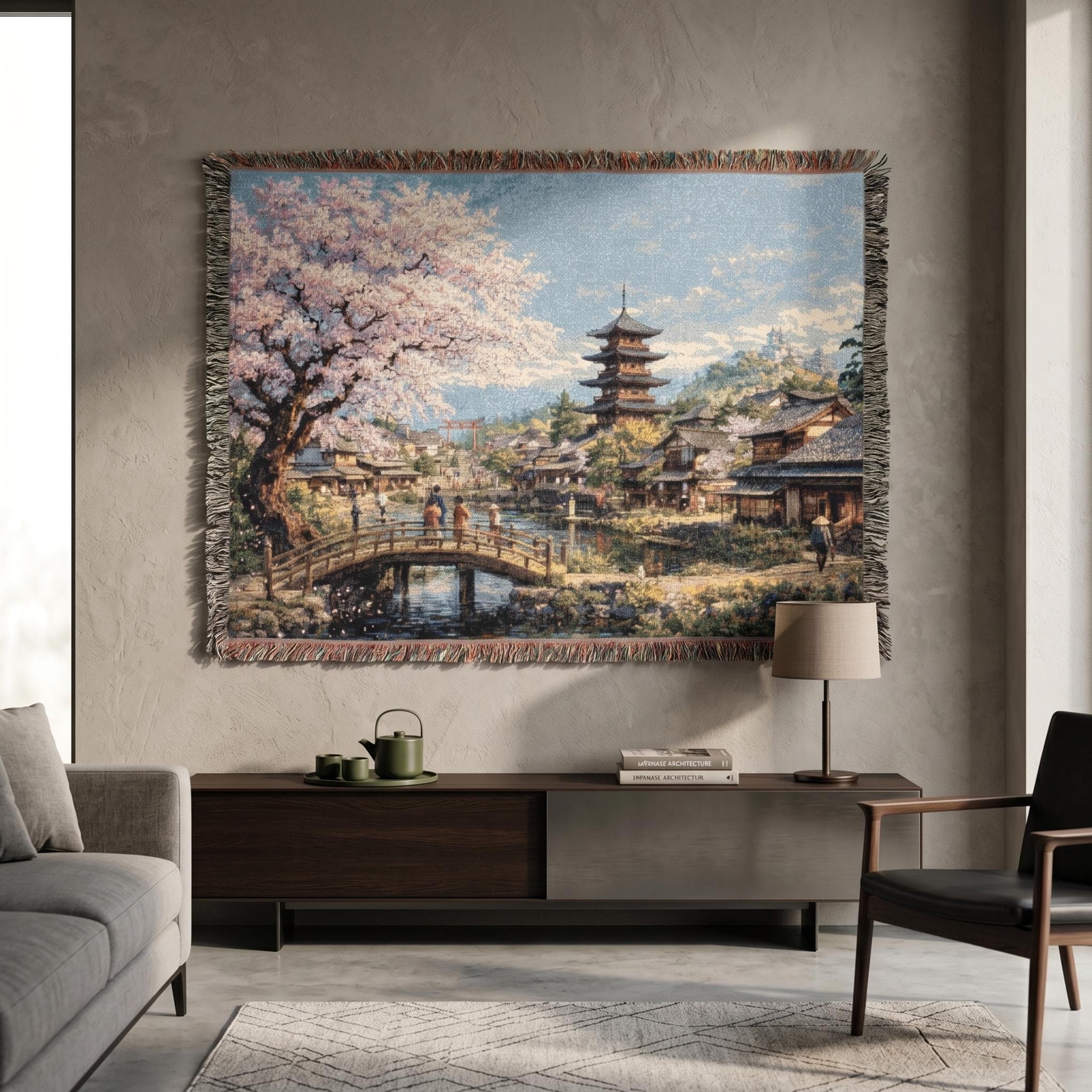 Woven tapestry wall hanging featuring a peaceful Japanese village in spring with a blooming cherry blossom tree, wooden bridge, calm canal, traditional houses, and a tall pagoda beneath a bright blue sky. Scenic sakura wall art with soft pink blossoms, reflective water, and serene old world detail, ideal as a large wall tapestry, decorative throw blanket, Japanese home decor accent, and gift for cherry blossom lovers, spring decor fans, and collectors of tranquil landscape art.