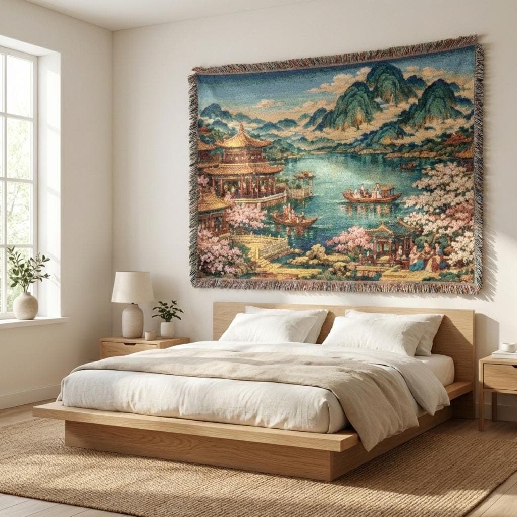 Woven tapestry wall hanging with fringe edges showing an East Asian lakeside scene: golden pagodas and pavilions, pink cherry blossoms, small boats on tranquil water, and misty mountains under a bright sky. Rich woven texture gives a vintage wall art look, perfect for living room, bedroom, entryway, or meditation nook. Also works as a cozy woven throw blanket. Ideal for Asian inspired decor, chinoiserie style, zen home decor, and spring sakura lovers. Gift for travelers and nature lovers.