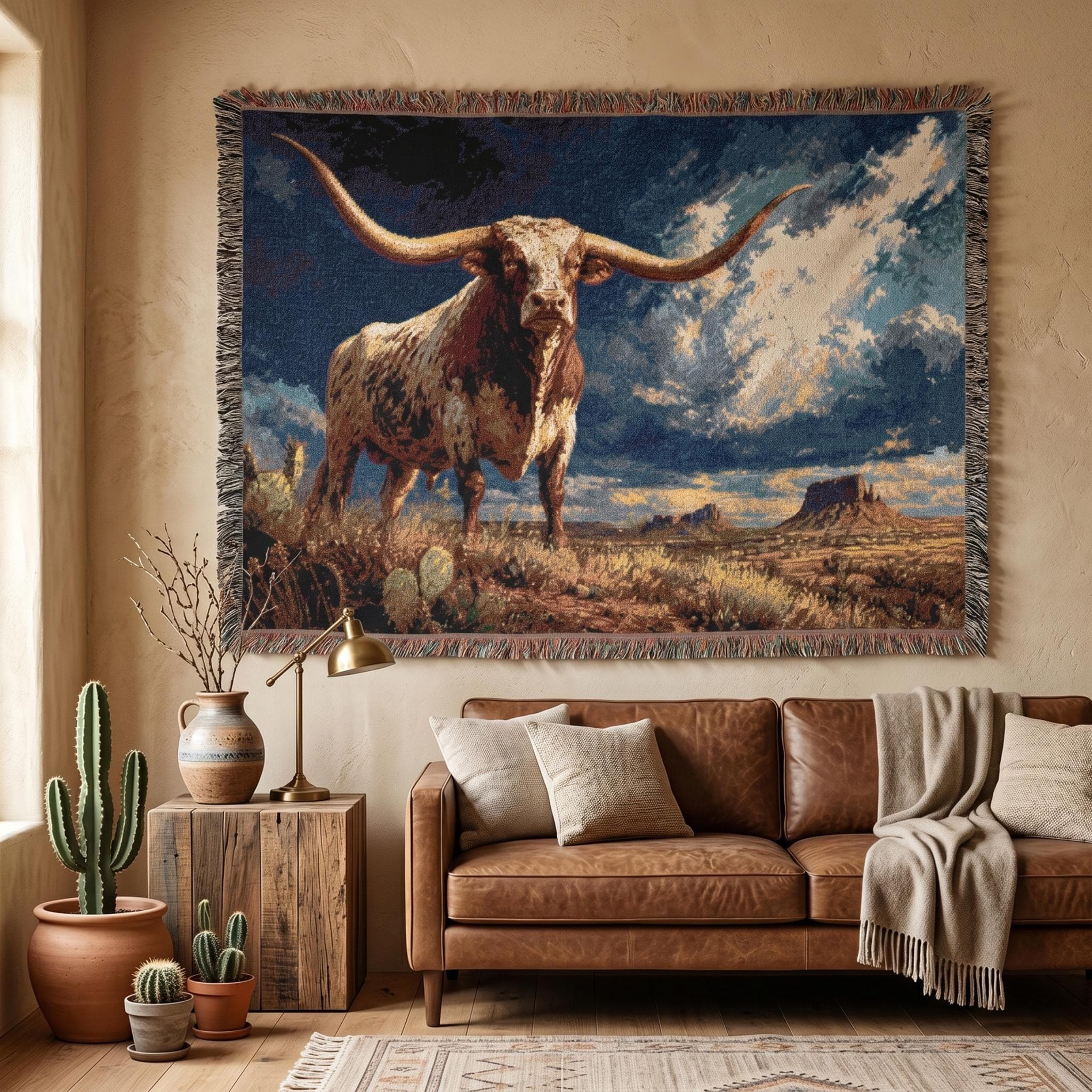 Western Longhorn Tapestry Wall Hanging Texas Ranch Wall Art Rustic Desert Decor Southwest Woven Throw Blanket Country Farmhouse Home Decor