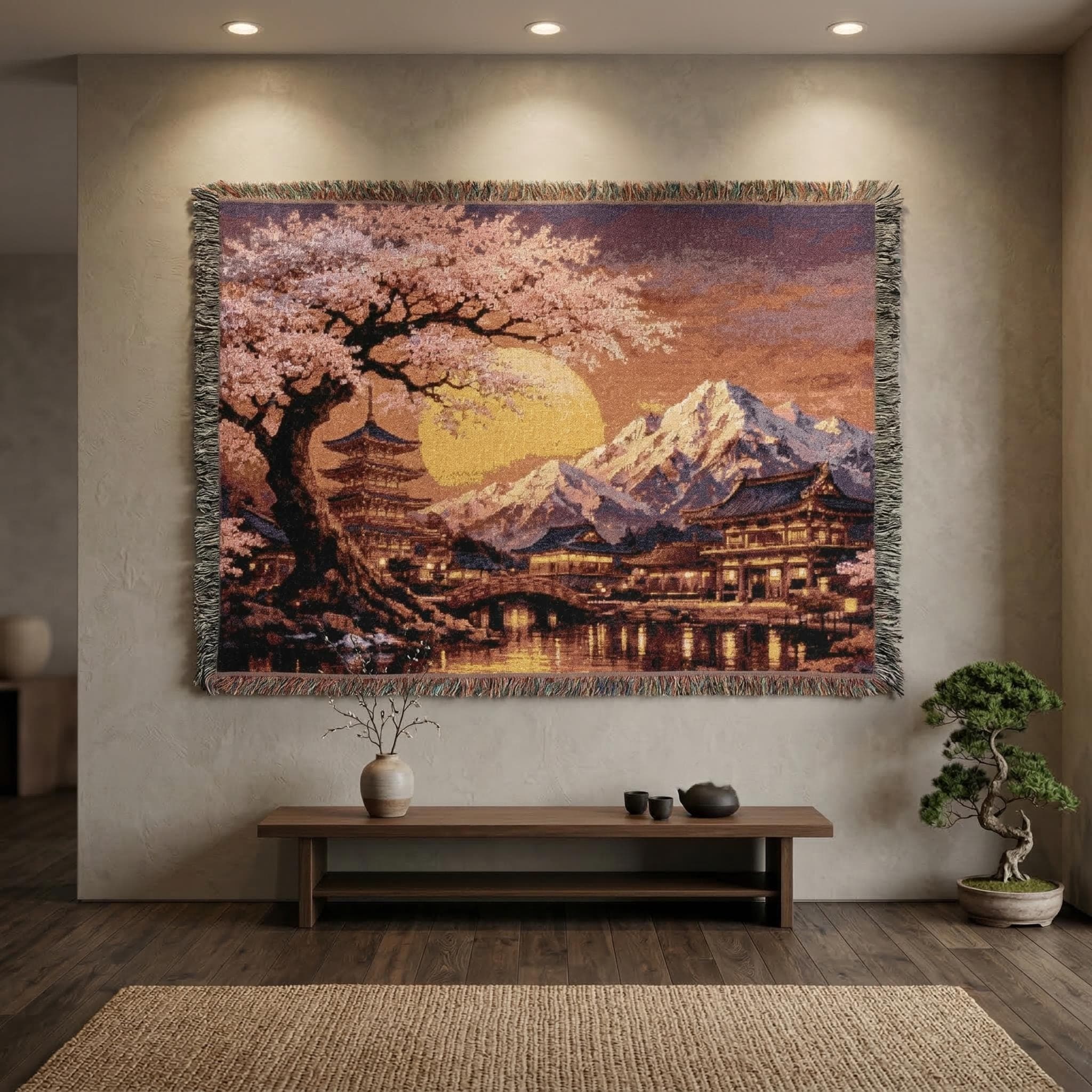 Cherry Blossom Tapestry Wall Hanging Japanese Temple Sunset Mountain Woven Throw Blanket Asian Decor Sakura Pagoda Wall Art Landscape Gift