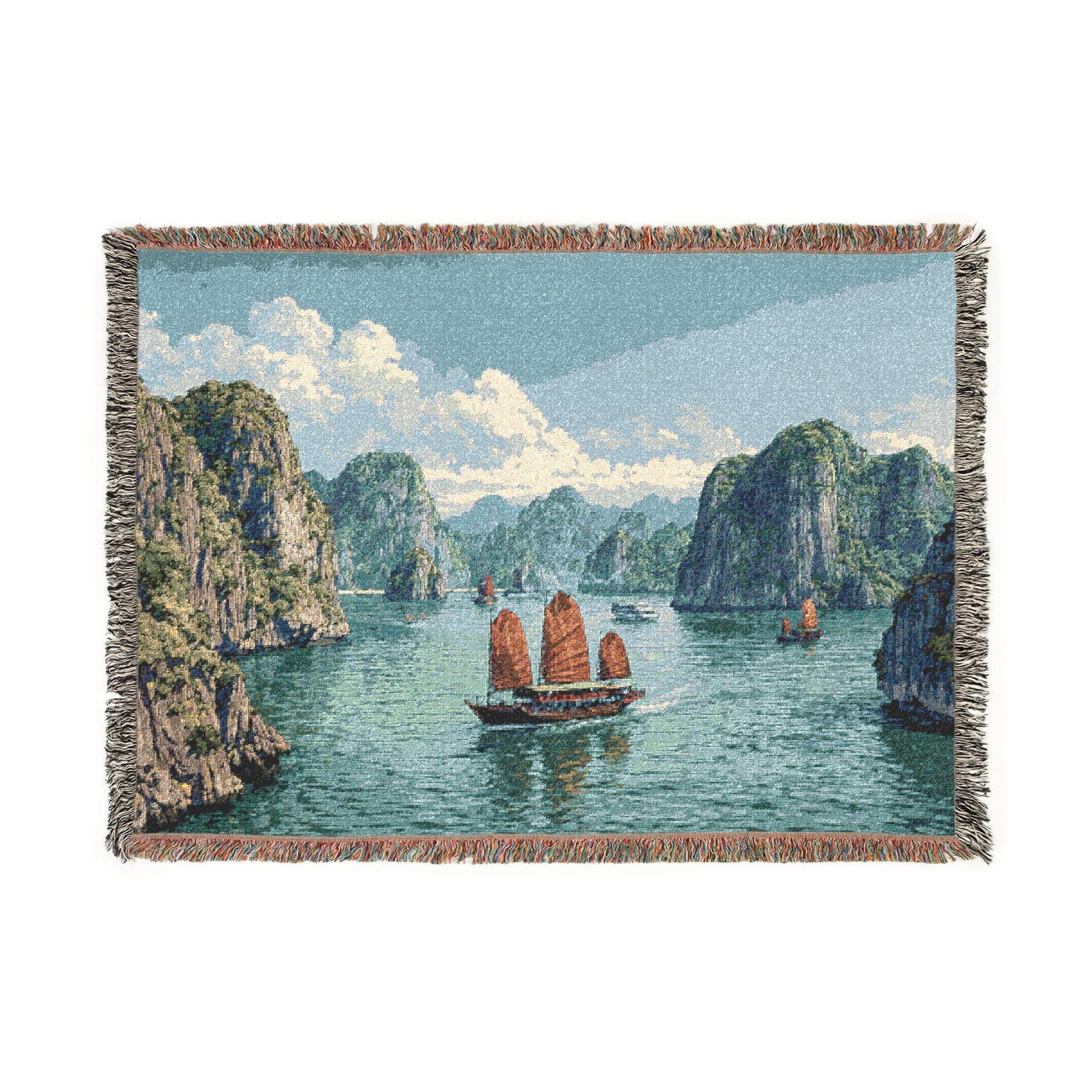 Woven tapestry wall hanging featuring Halong Bay in Vietnam with emerald water, towering limestone cliffs, soft clouds, and traditional sailing boats drifting across a peaceful seascape. Vintage coastal tapestry wall art with serene ocean scenery, layered island landscape, and travel inspired decor style, ideal as a large wall tapestry, woven throw blanket, coastal wall hanging, Vietnam decor accent, scenic room decor, and unique gift for travel lovers, ocean lovers, and landscape art collectors