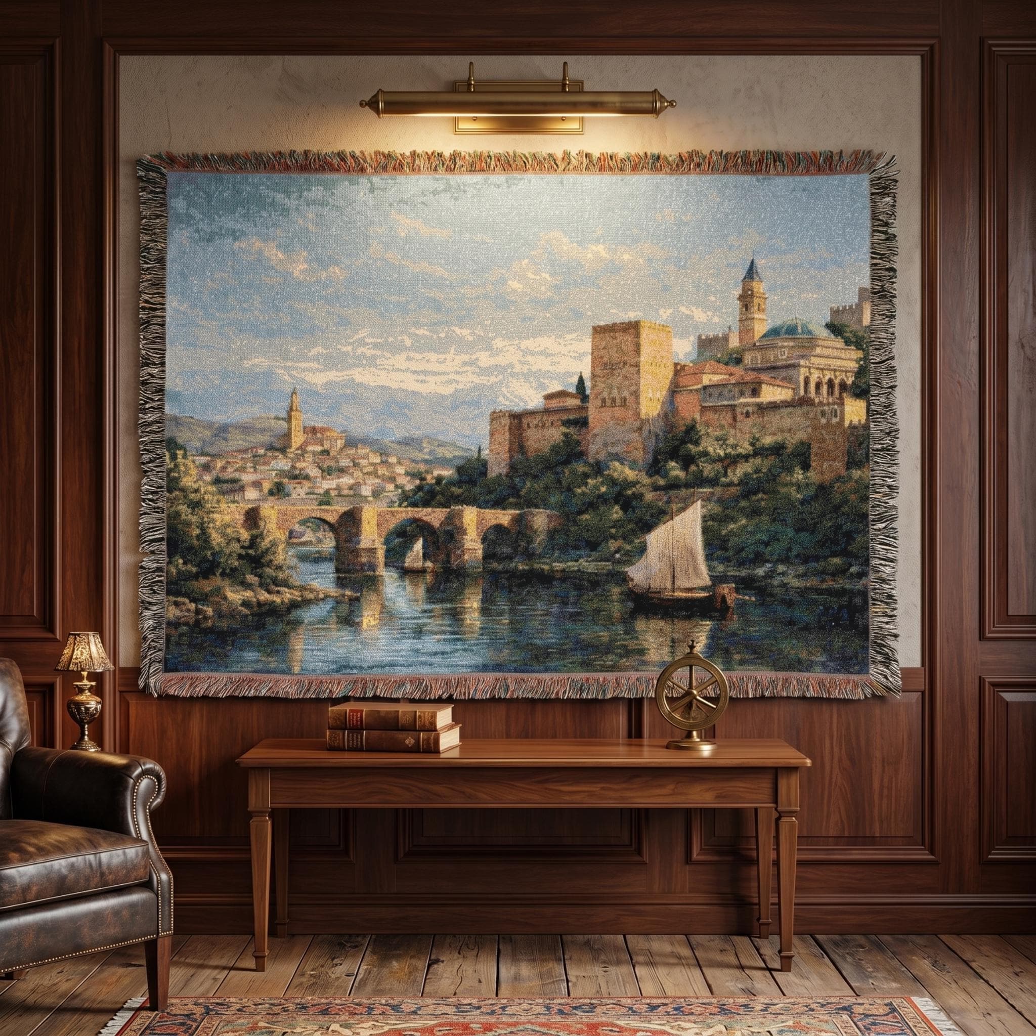 Vintage Mediterranean Town Tapestry Wall Hanging European River City Wall Art Woven Throw Blanket Castle Decor Historic Landscape Gift