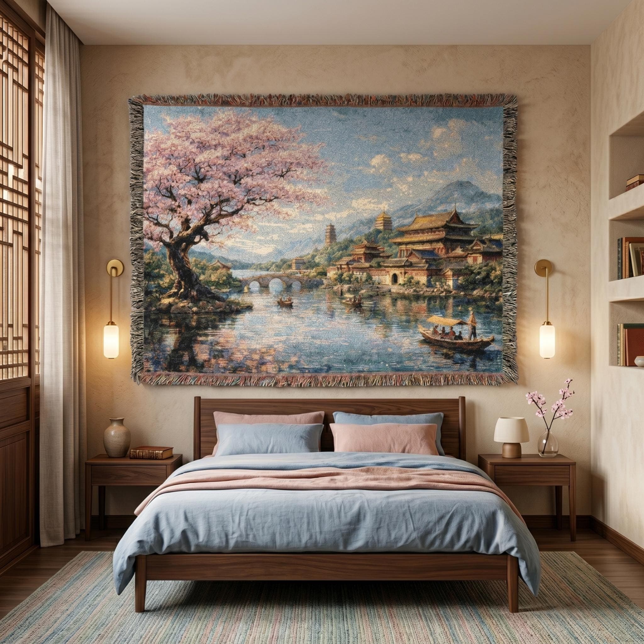 Woven tapestry wall hanging featuring a blooming cherry blossom tree beside a peaceful river with elegant Chinese palace architecture, pagoda style towers, an arched stone bridge, distant blue mountains, and small wooden boats drifting across reflective water under a bright sky. Vintage inspired Asian landscape tapestry with soft pink spring blossoms, serene garden scenery, and refined old world detail, ideal as a large wall tapestry, woven throw blanket, and gift for decor and travel art lovers