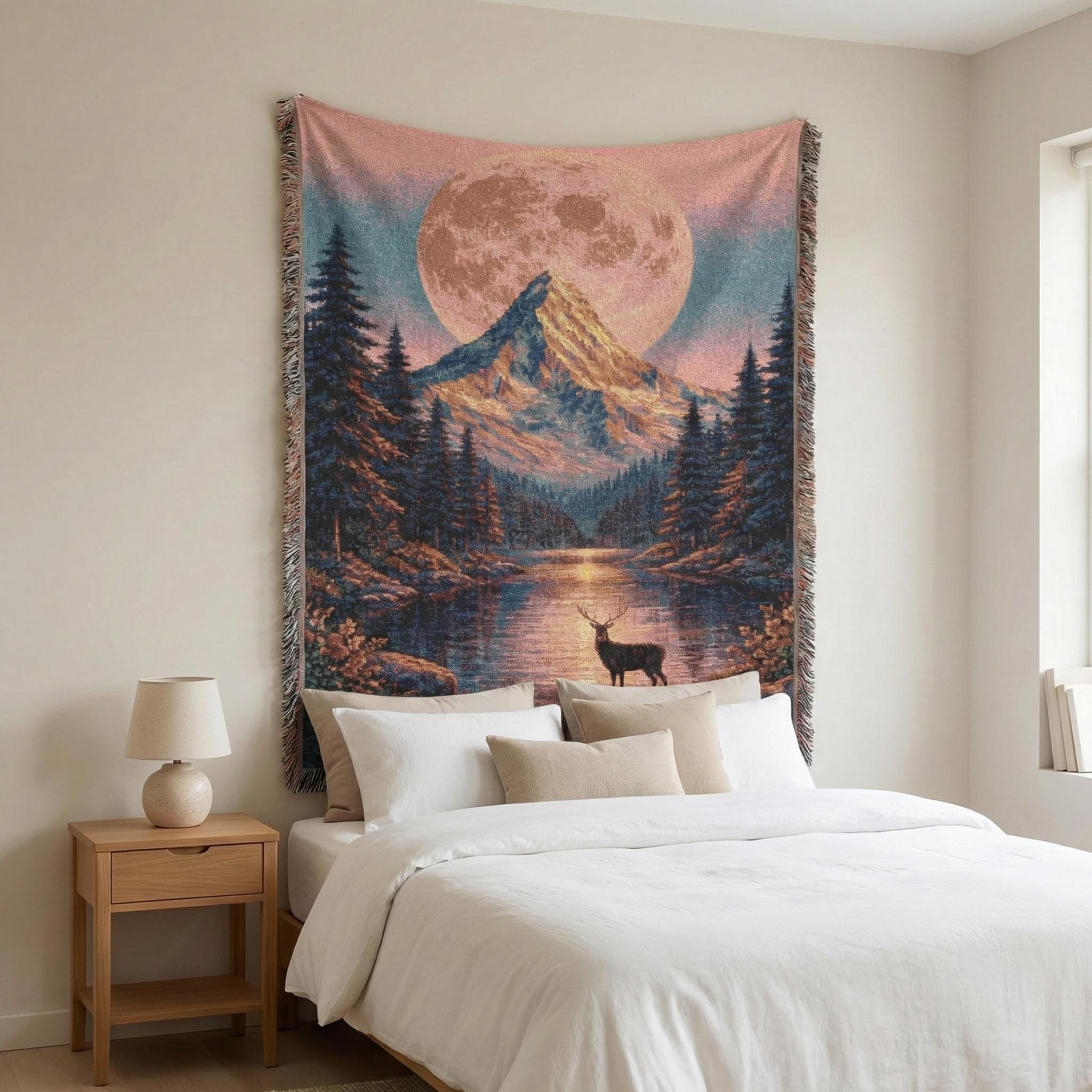 Moonlit Mountain Lake Tapestry Wall Hanging Woven Throw Blanket, Deer Forest Landscape Decor, Cabin Lodge Rustic Wall Decor, Scenic Wall Art