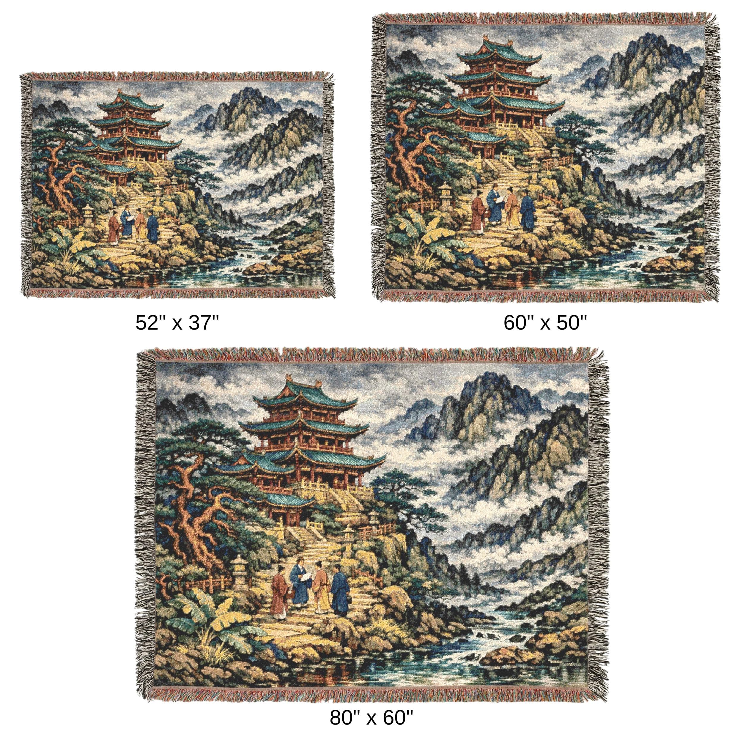 Chinese Pagoda Mountain Temple Tapestry Wall Hanging Woven Tapestry Blanket Misty River Landscape Asian Decor Zen Room Wall Art Fringe - image 5