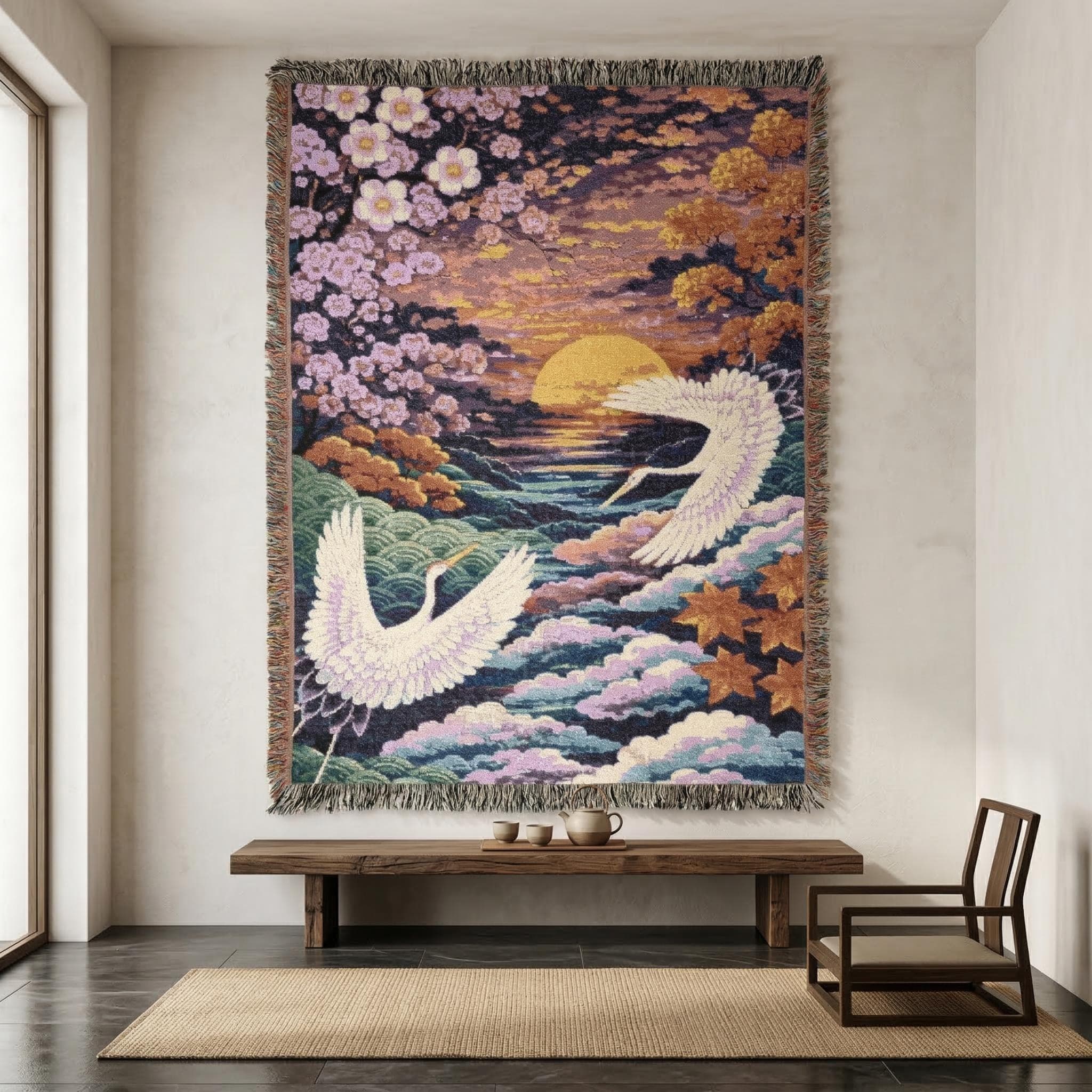 Japanese Crane Tapestry Wall Hanging Classic Woven Throw Blanket Cherry Blossom Sunset Decor Asian Theme Landscape Wall Art Zen Room Gift