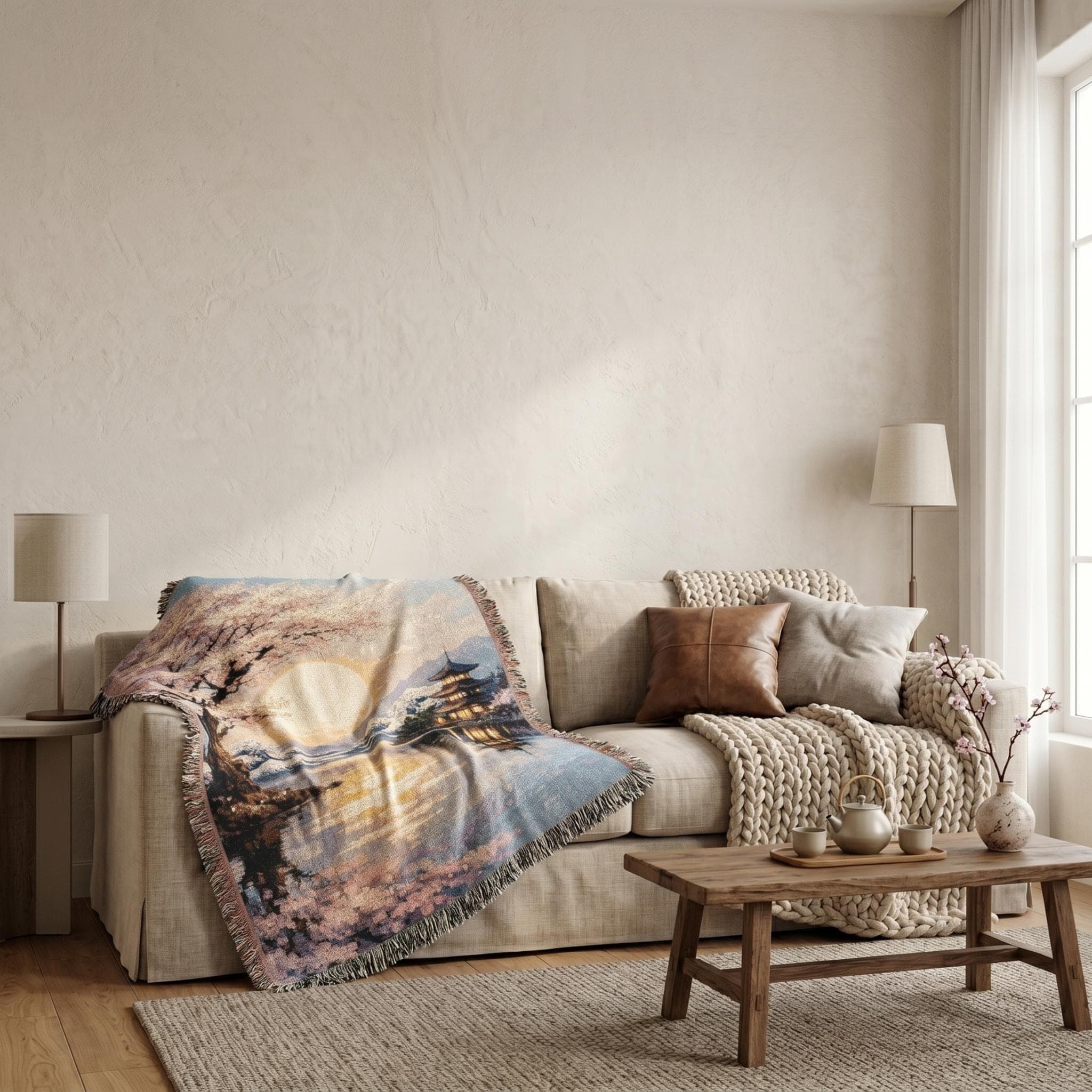 Woven tapestry wall hanging featuring a serene Japanese inspired lakeside scene with a blooming cherry blossom tree, a glowing sunset sun, calm reflective water, a lit pagoda, distant snowy mountains, and soft pink blossoms along the shore. Scenic sakura wall art with peaceful zen decor mood and warm evening light, ideal as a large wall tapestry, decorative throw blanket, bedroom accent, and gift for cherry blossom lovers, Japan decor fans, and tranquil landscape collectors.