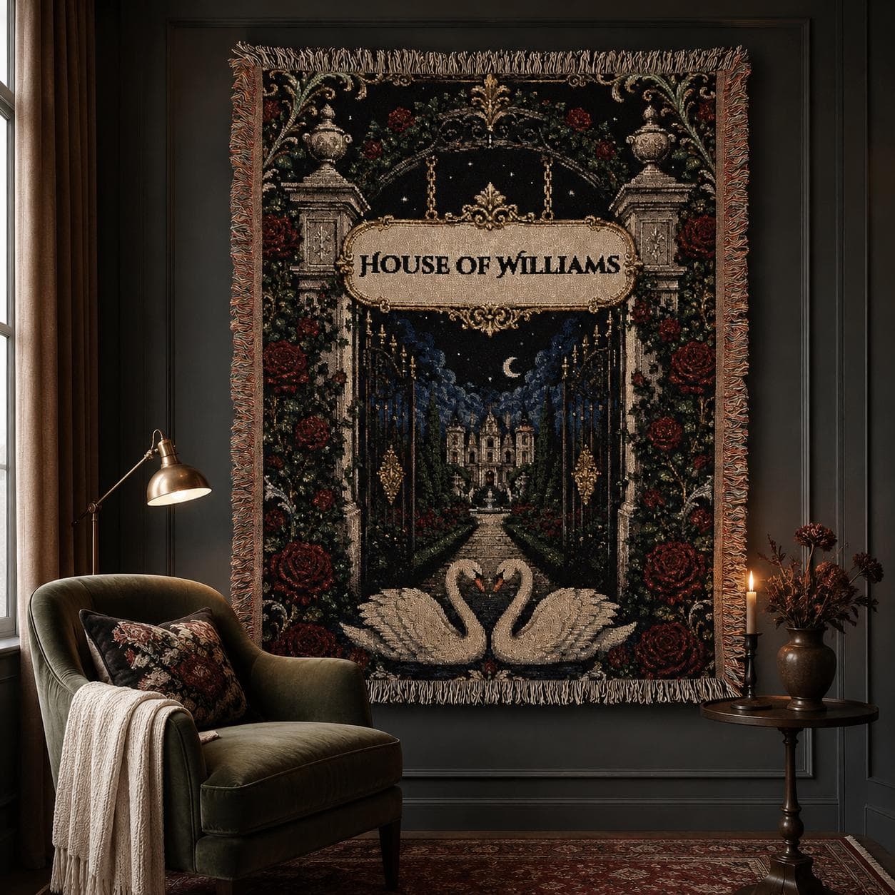 Personalized wedding tapestry artwork with a blank custom name plaque, moonlit manor gate, red roses, distant chateau, two white swans forming a heart, antique gold details, and romantic estate wall hanging style.