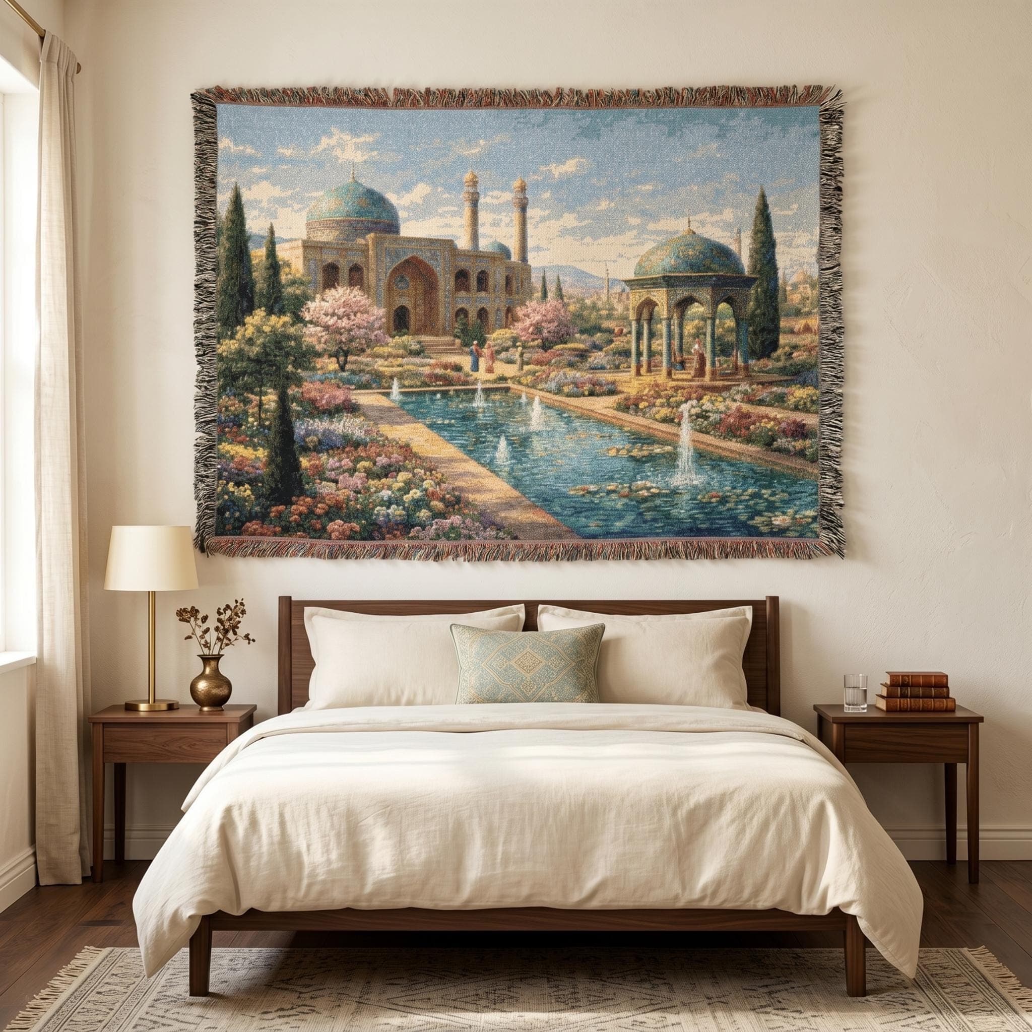 Persian Garden Tapestry Wall Hanging Islamic Architecture Wall Art Floral Courtyard Decor Woven Throw Blanket Middle Eastern Old World Decor