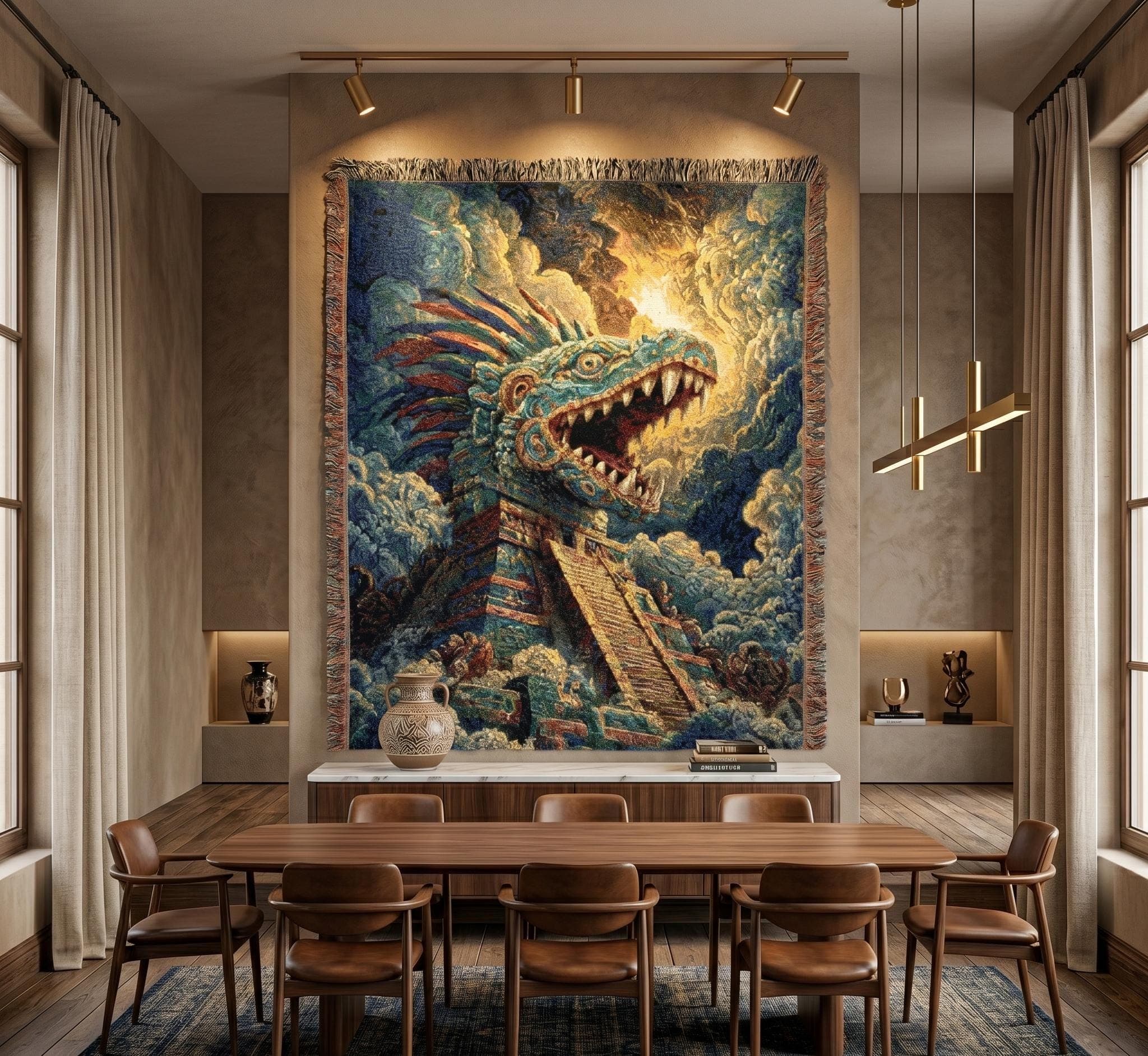 Woven tapestry wall hanging featuring a towering Aztec inspired serpent dragon rising from a stepped pyramid temple, surrounded by swirling clouds, glowing light, and dramatic Mesoamerican fantasy detail. Mythic wall art with ancient ruin atmosphere, bold creature imagery, and rich woven texture, ideal as a large wall tapestry, decorative throw blanket, game room decor, fantasy room accent, and gift for dragon lovers, mythology fans, and collectors of dramatic statement art.