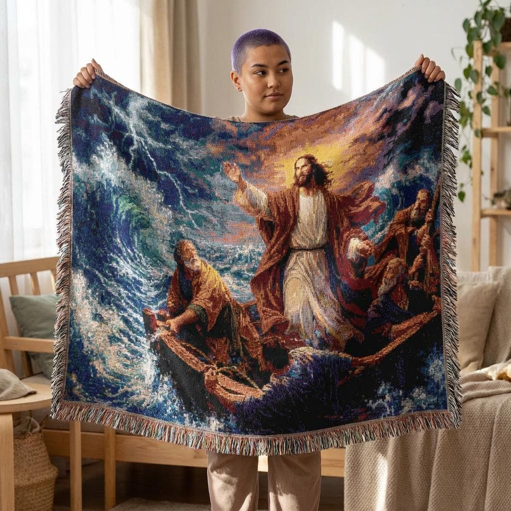 Woven tapestry wall hanging featuring Jesus calming the storm while standing in a small boat surrounded by crashing waves, lightning, and dark dramatic clouds, with disciples holding on through the sea. Christian wall art with biblical ocean scene, faith inspired imagery, and powerful vintage painting detail, ideal as a large wall tapestry, woven throw blanket, religious home decor, prayer room accent, church gift, and meaningful statement piece for believers, pastors, and Bible study spaces.