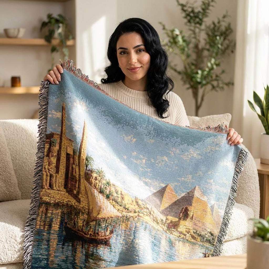 Woven tapestry wall hanging featuring an Ancient Egypt river scene with golden pyramids, a sphinx, obelisks, temple ruins, sailboats drifting across reflective water, and lotus flowers along the shore beneath a bright blue sky. Vintage Egyptian landscape wall art with Nile River scenery, historic architecture, warm desert tones, and old world detail, ideal as a large wall tapestry, woven throw blanket, statement home decor, and gift for history lovers, travelers, and archaeology art collectors.