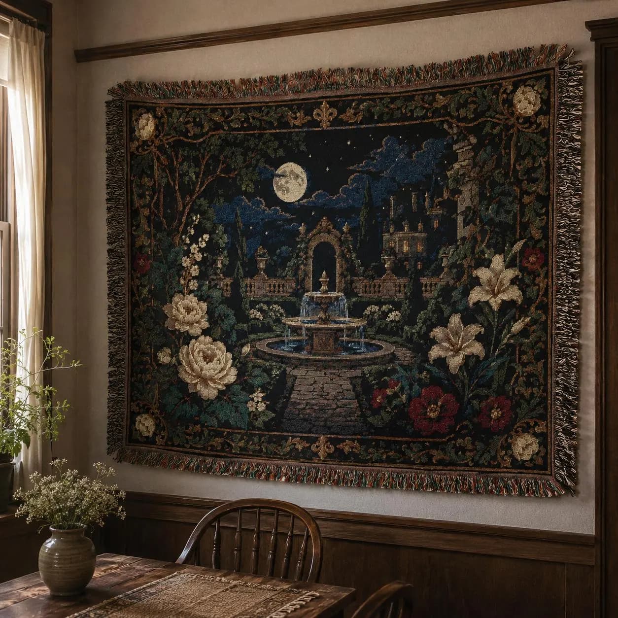 Horizontal woven blanket wall hanging with a moonlit garden fountain, stone path, chateau ruins, full moon, white roses, lilies, red flowers, dark green foliage, ornate floral border, and fringed textile edges.