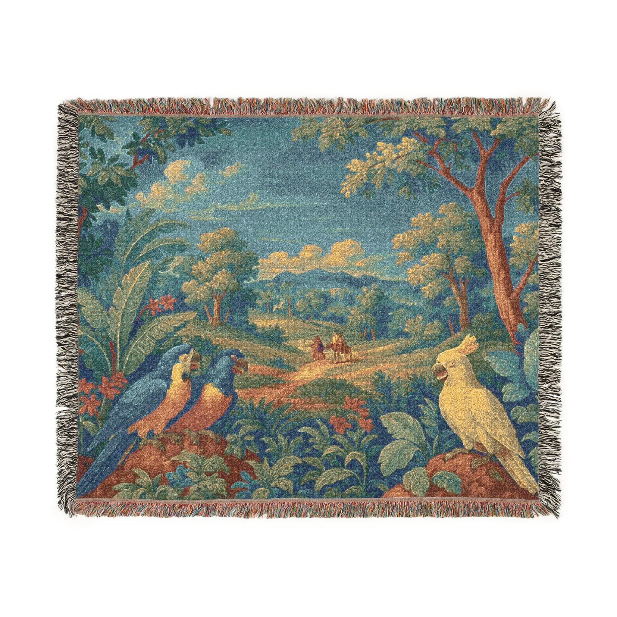 Vintage woven tapestry blanket featuring a lush tropical landscape with two colorful parrots amid vibrant green trees, flowers, and golden sunlight. Inspired by antique French verdure wall tapestries, this large wall decor piece can be used as a woven blanket throw, tapestry wall art, or elegant wall hanging. The detailed weaving highlights the beauty of classic European craftsmanship, adding depth, warmth, and sophistication to any home.
