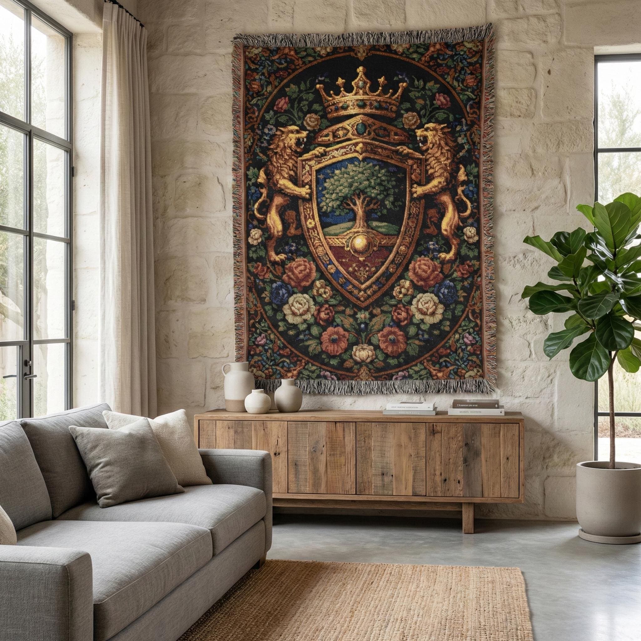 Woven Heraldic Shield Tapestry Blanket - Medieval Lion Crest Wall Hanging, Royal Gothic Coat of Arms Throw for Castlecore Classic Home Decor