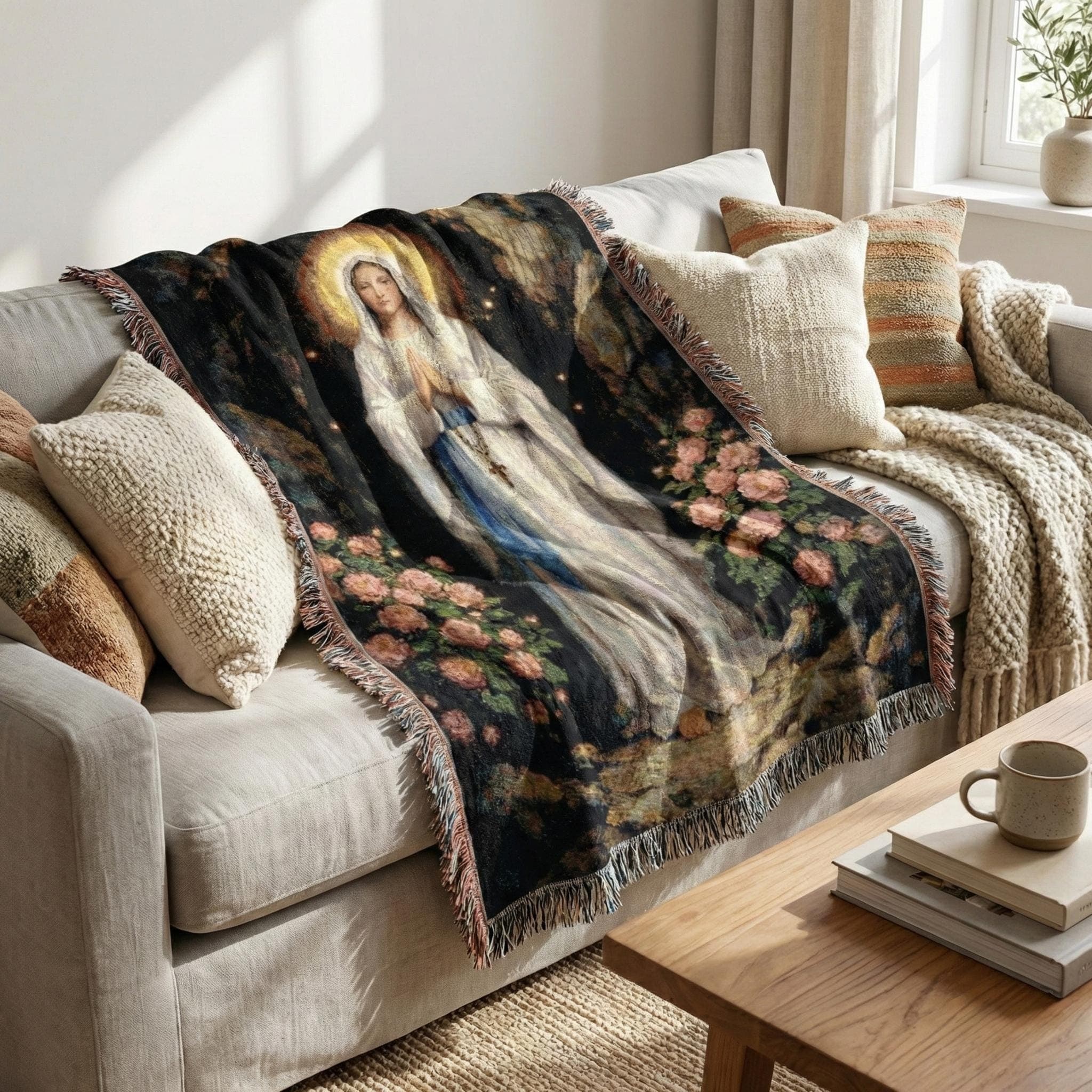 Woven tapestry wall hanging featuring Virgin Mary / Our Lady of Lourdes in a glowing halo, hands in prayer with rosary and cross, standing in a grotto cave framed by pink roses. Vintage Catholic decor with rich woven texture and fringe, perfect as prayer room wall hanging, church or chapel wall decor, serene bedroom or dorm blanket throw, devotional Christian wall art gift for Catholic mom, grandma, rosary lover, baptism, confirmation or housewarming.