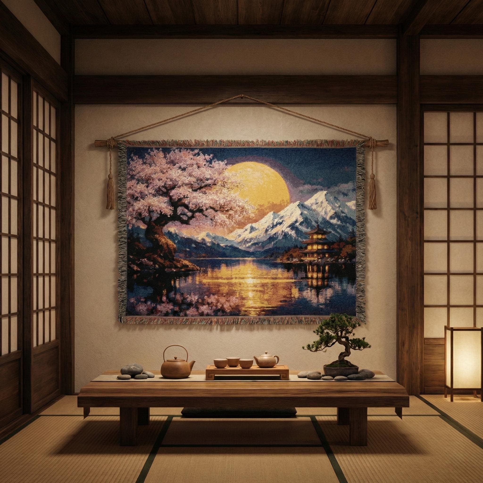 Japanese Cherry Blossom Tapestry Wall Art Large Woven Tapestry Blanket Sakura Moon Mountain Lake Pagoda Wall Hanging Zen Decor Fringed Throw