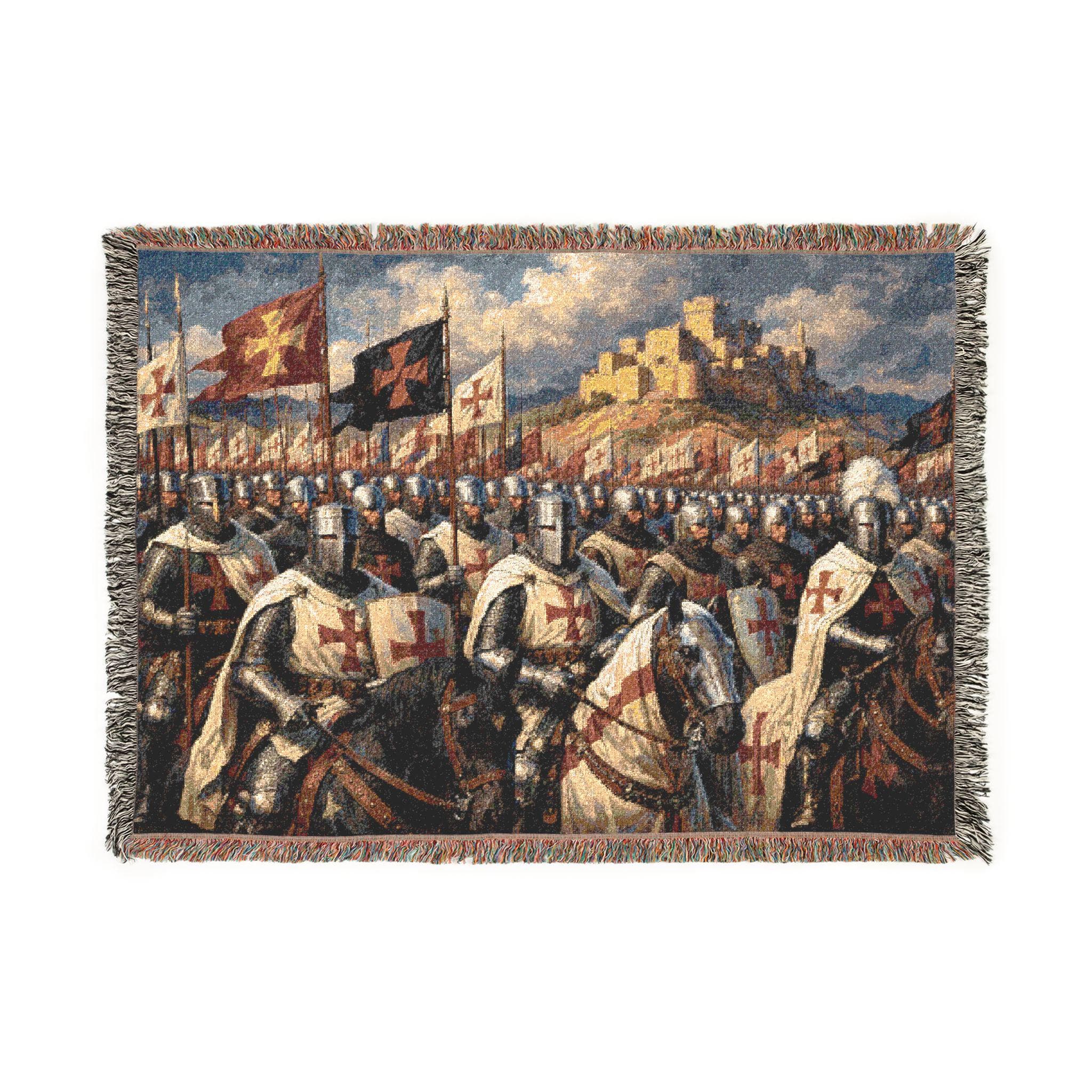 Woven tapestry wall hanging featuring a dramatic Crusader army scene with armored Templar knights on horseback, raised cross banners, a fortified castle on a hill, and rows of medieval soldiers beneath a bright cloud filled sky. Historic battle wall art with Christian warrior imagery, old world detail, and vintage woven texture, ideal as a large wall tapestry, throw blanket, study decor, game room accent, and gift for history lovers, knight fans, and medieval decor collectors.