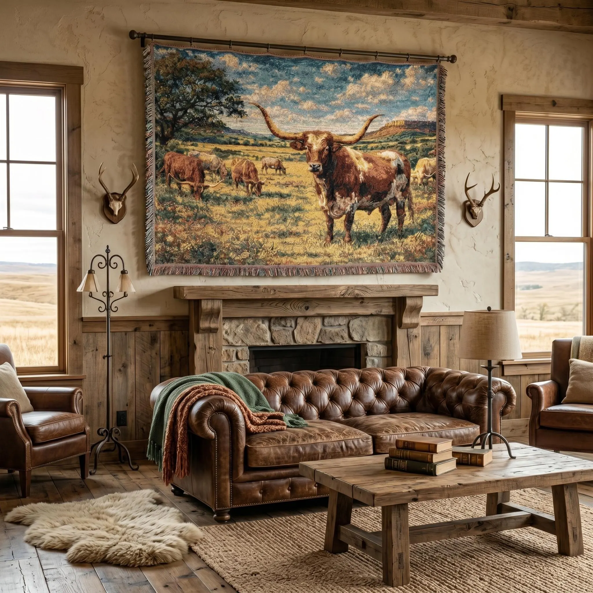 Woven tapestry wall hanging featuring a Texas longhorn standing in a sunny pasture with other cattle grazing across an open ranch field beneath a bright blue sky with soft clouds, a large tree, and distant mesa hills. Western wall art with rustic ranch charm, country farmhouse mood, and warm landscape detail, ideal as a large wall tapestry, decorative throw blanket, lodge room accent, and gift for cow lovers, ranch decor fans, and collectors of Texas inspired home decor.