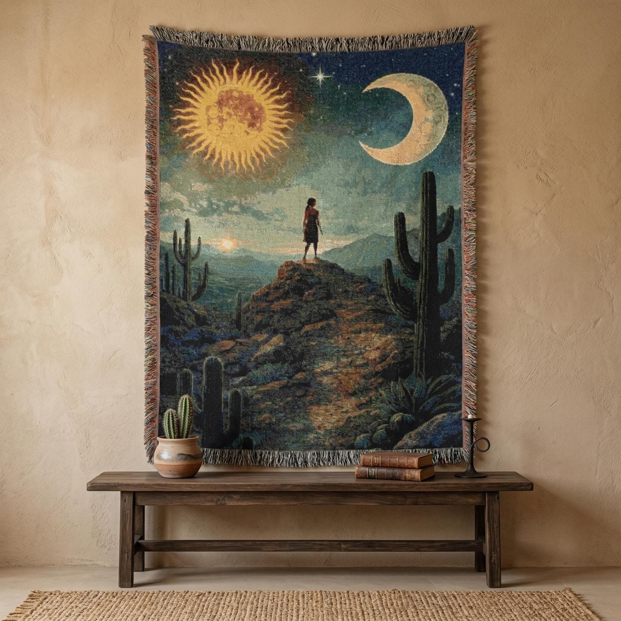 Celestial Desert Tapestry Wall Tapestry Sun Moon Wall Art Woven Throw Blanket Southwestern Cactus Large Wall Hanging Boho Mystical Decor
