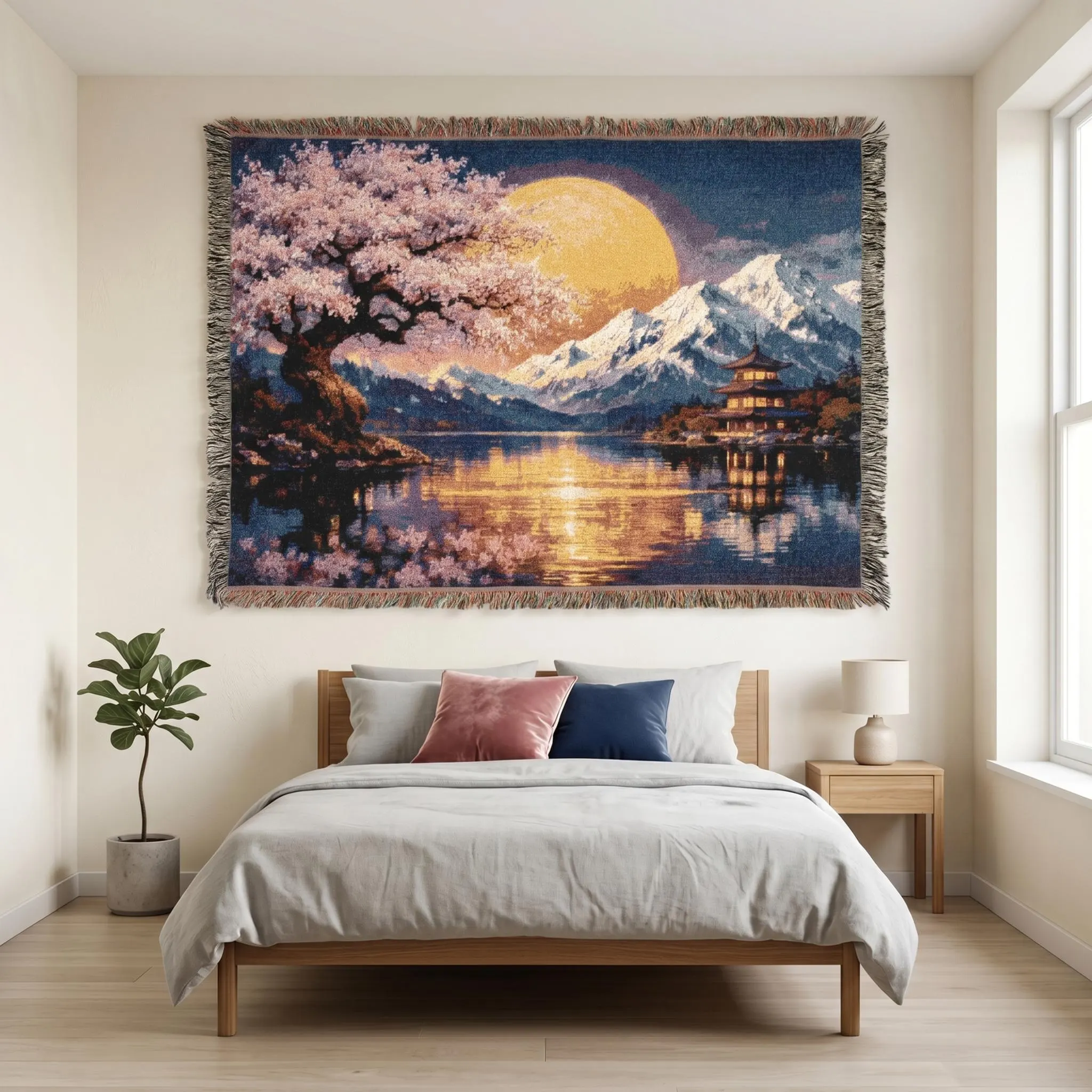 Horizontal woven blanket wall hanging with a Japanese lake landscape, pink cherry blossom tree, large golden sunset, snow-covered mountains, pagoda, water reflection, and fringed textile edges.