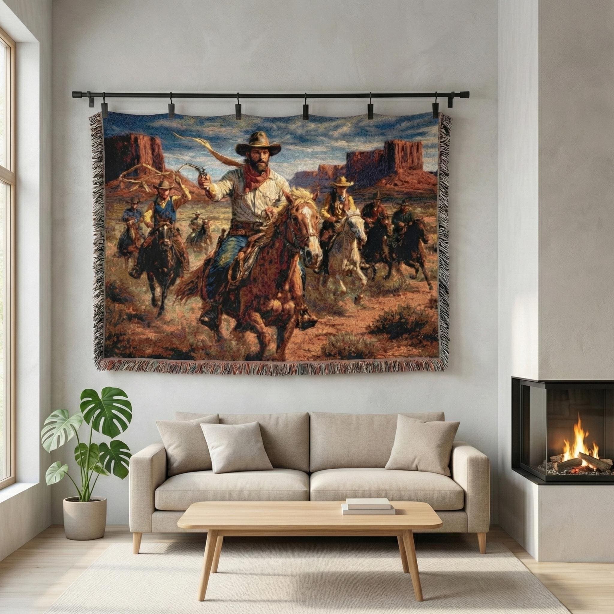 Western Cowboy Tapestry Wall Art Woven Tapestry Blanket Horse Rider Wall Hanging Rustic Ranch Decor Vintage Desert Landscape Fringed Throw