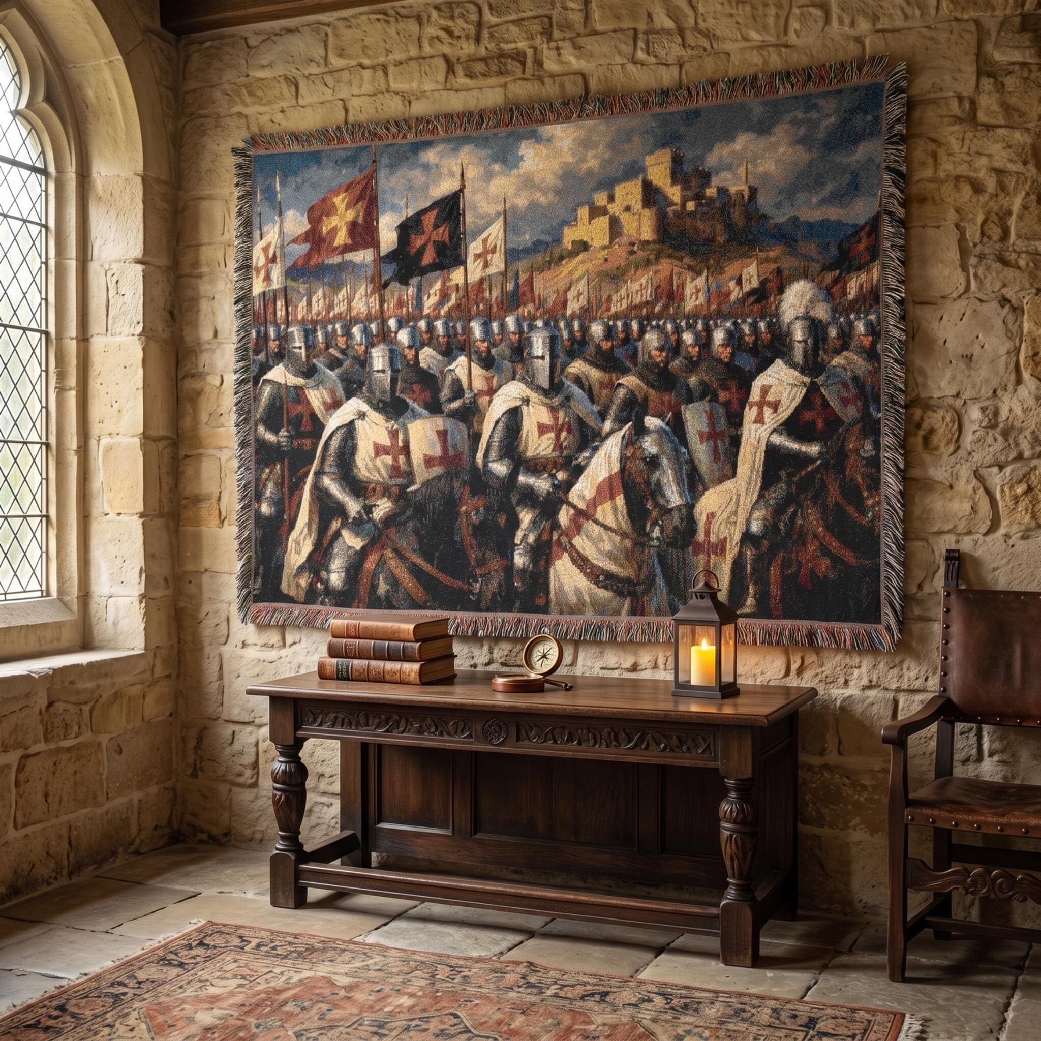 Crusader Army Tapestry Wall Hanging Medieval Knight Wall Art Templar Battle Scene Castle Decor Historic Throw Blanket Gift for History Lover
