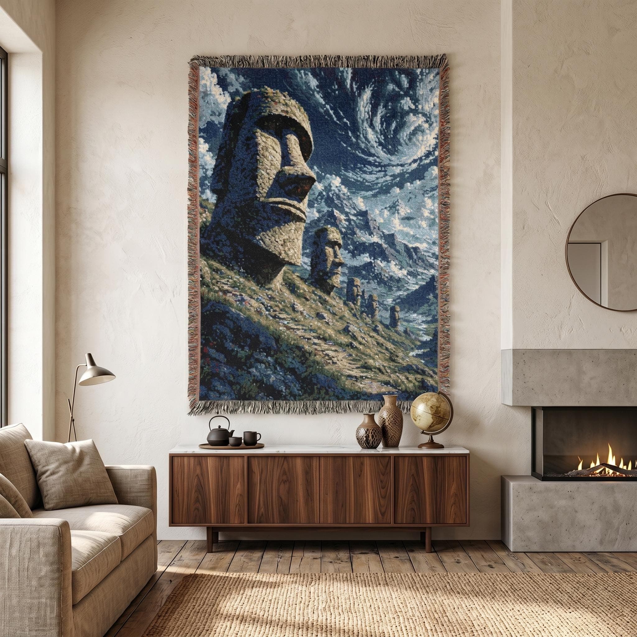 Moai Statue Tapestry Wall Hanging Easter Island Wall Art Ancient Decor Stone Head Monument Landscape Woven Throw Blanket Surreal Home Decor