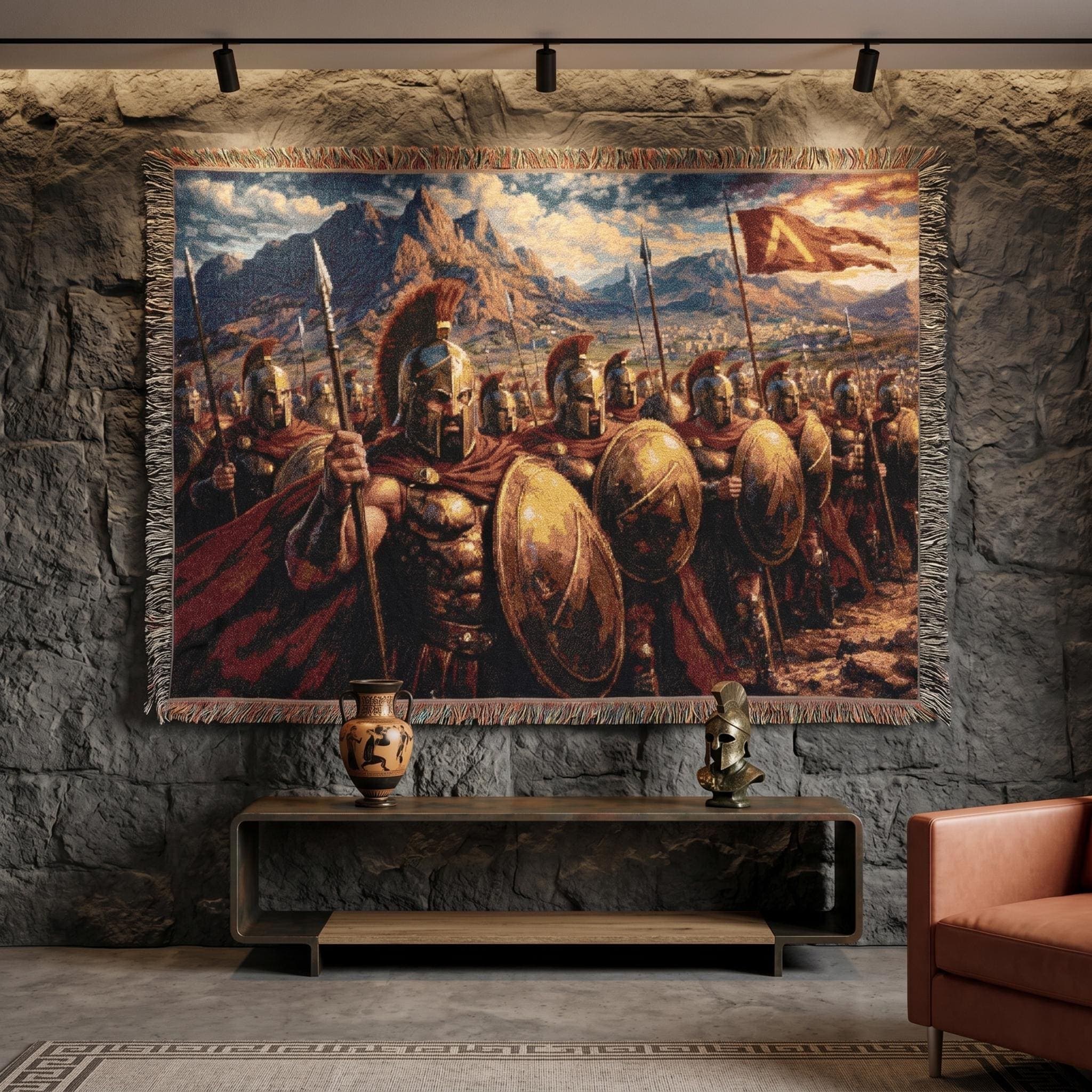 Spartan Warrior Tapestry Wall Hanging Ancient Greek Wall Art Bronze Shield Army Battle Scene Decor Throw Blanket History Lover Gift for Him