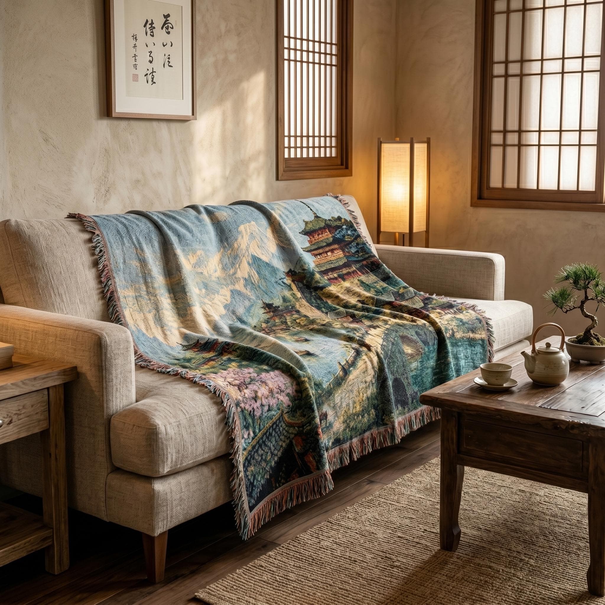 Woven tapestry wall hanging featuring a serene Chinese river village with Asian palace rooftops, pagoda towers, arched stone bridge, small sailboats, mountain landscape, blooming trees, and reflective blue water under a bright sky. Scenic Asian wall art with traditional architecture, lake scenery, and vintage woven texture, ideal as a large wall tapestry, woven throw blanket, Chinese home decor, living room accent, bedroom wall decor, travel inspired decor, and gift for landscape art collectors.