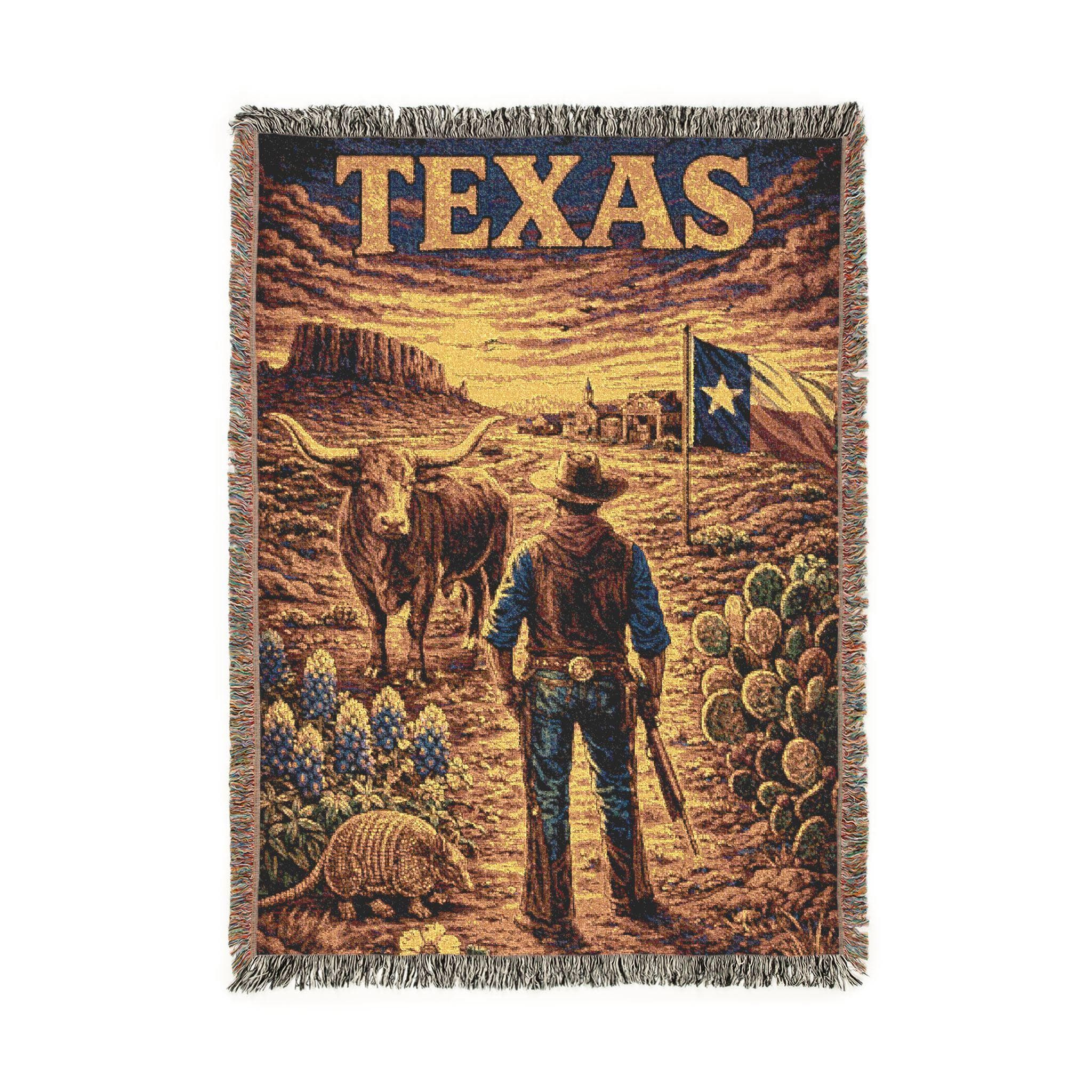 Woven tapestry wall hanging featuring a Texas western scene with a cowboy facing a longhorn, desert mesas, bluebonnet flowers, cactus, an armadillo, and the Texas flag under a dramatic sunset sky. Vintage poster style with rich woven texture and fringed edges. Works as classic wall tapestry decor or a woven throw blanket for rustic ranch homes, cabin lodge rooms, home office, or Americana-themed interiors. Unique gift for Texas lovers.