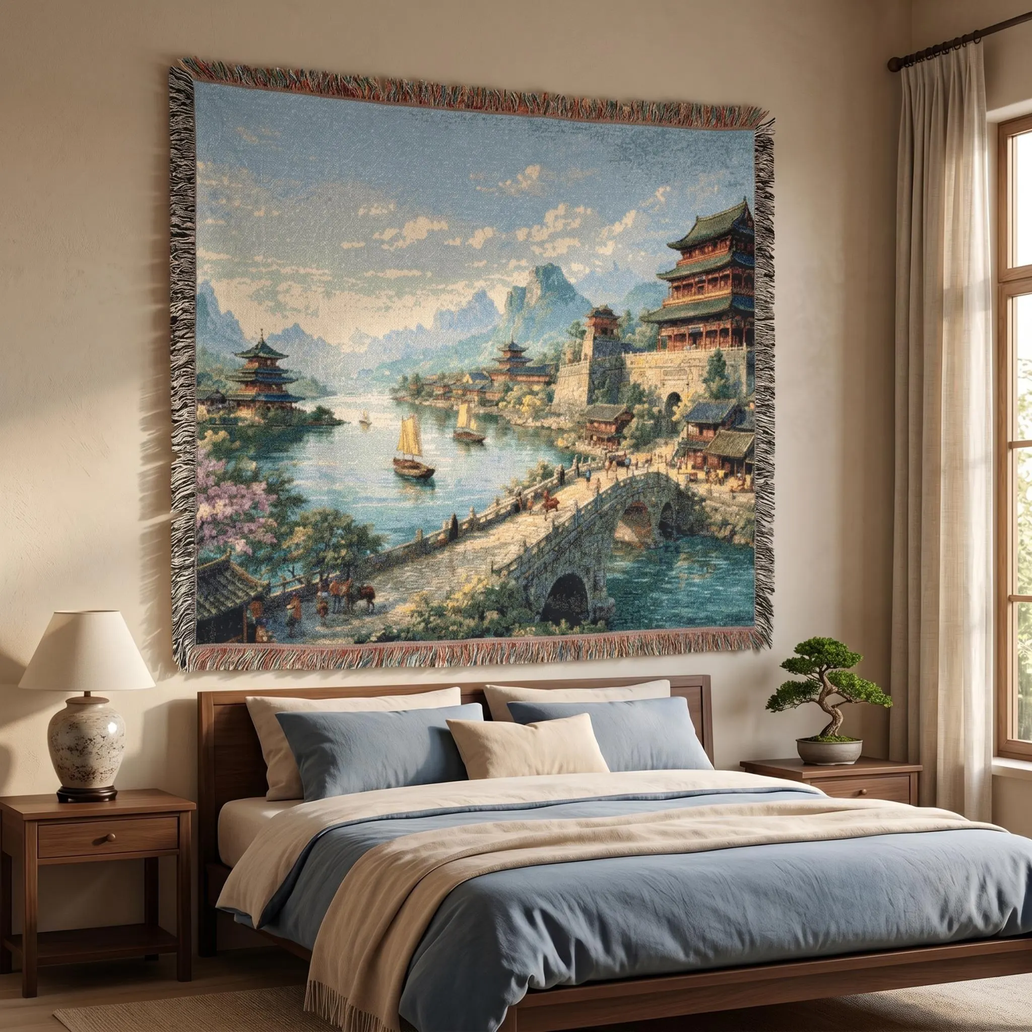 Woven tapestry wall hanging featuring a serene Chinese river village with Asian palace rooftops, pagoda towers, arched stone bridge, small sailboats, mountain landscape, blooming trees, and reflective blue water under a bright sky. Scenic Asian wall art with traditional architecture, lake scenery, and vintage woven texture, ideal as a large wall tapestry, woven throw blanket, Chinese home decor, living room accent, bedroom wall decor, travel inspired decor, and gift for landscape art collectors.